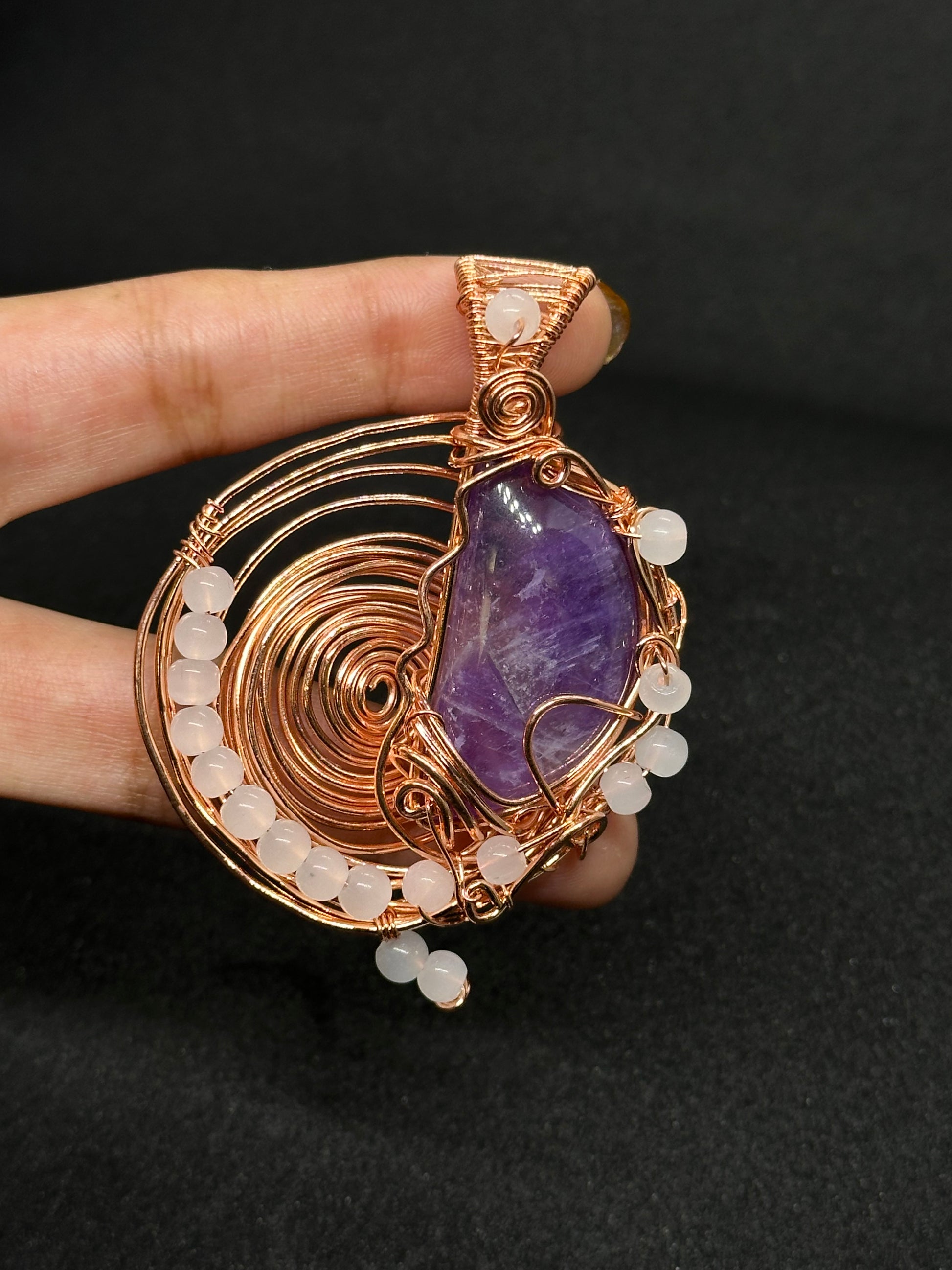 Light-Coded Galactic Grace – Handmade  Spiral Copper Pendant with Amethyst & Rose Quartz Beads