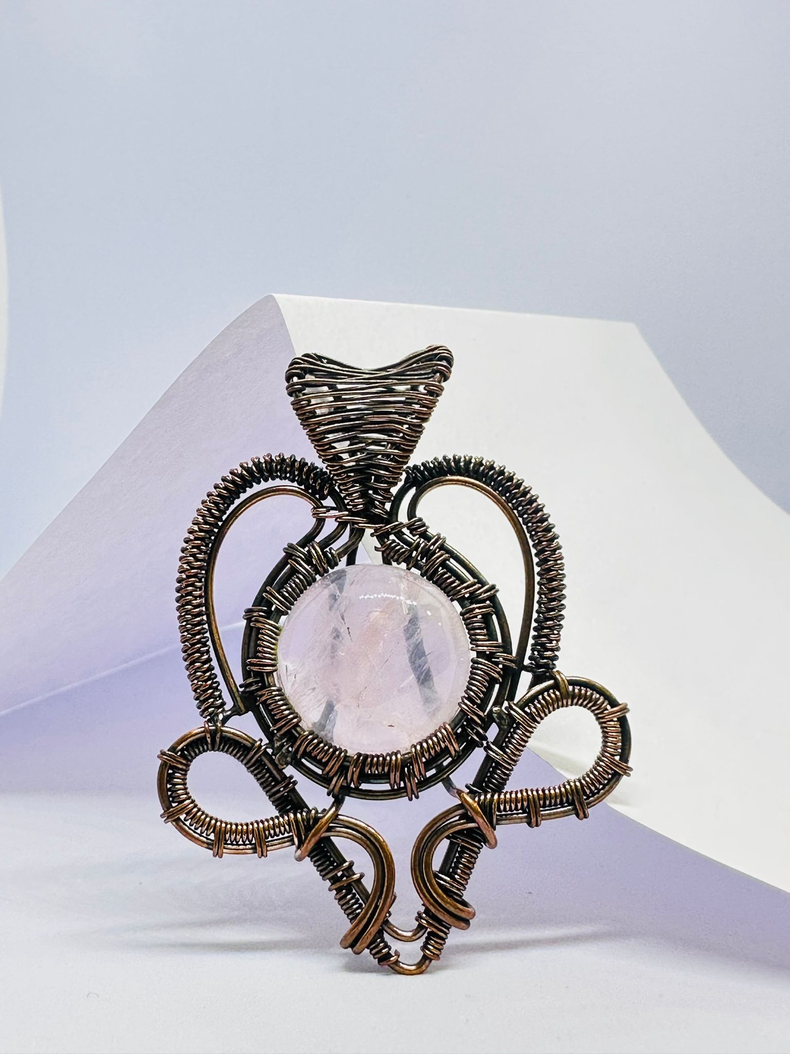 Light-Coded Heart Bloom Weave –  Handmade Rose Quartz Copper Pendant