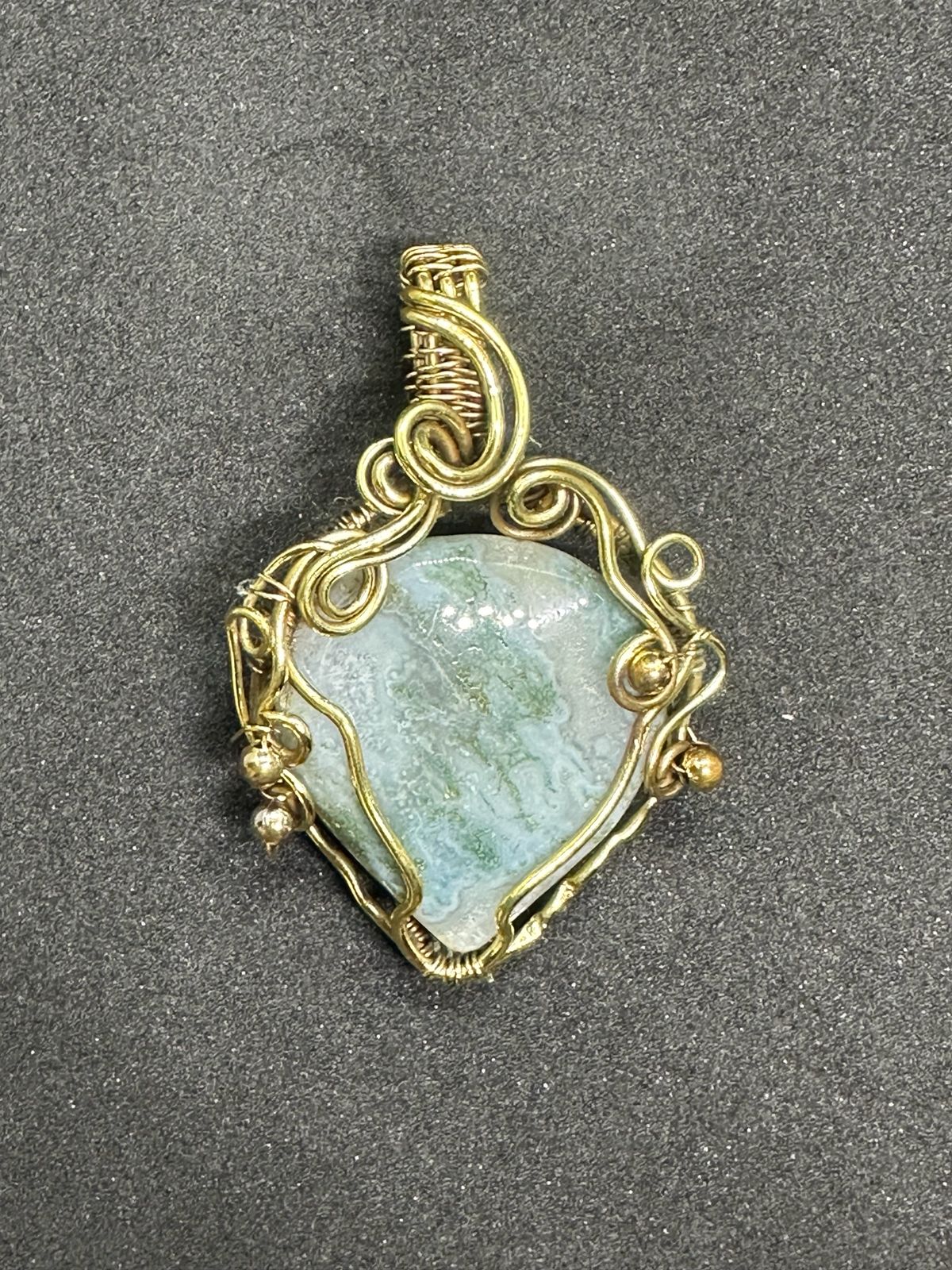 Light-Coded Earth’s Embrace Handmade Moss Agate Brass Wire Pendant"
