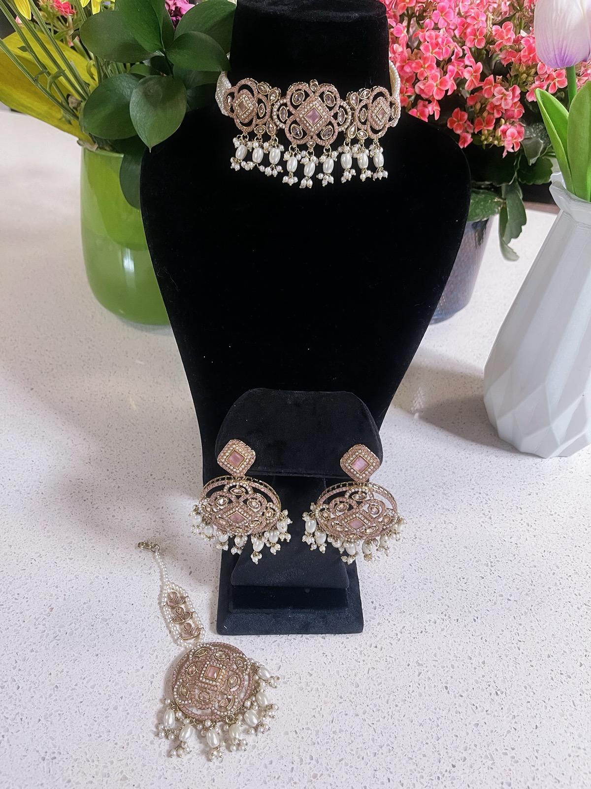 Baby Pink Choker Necklace, Earrings & Tikka Set | Lightweight Indian Jewelry | South Asian Jewelry | Pink Partywear Earrings | Pink Necklace