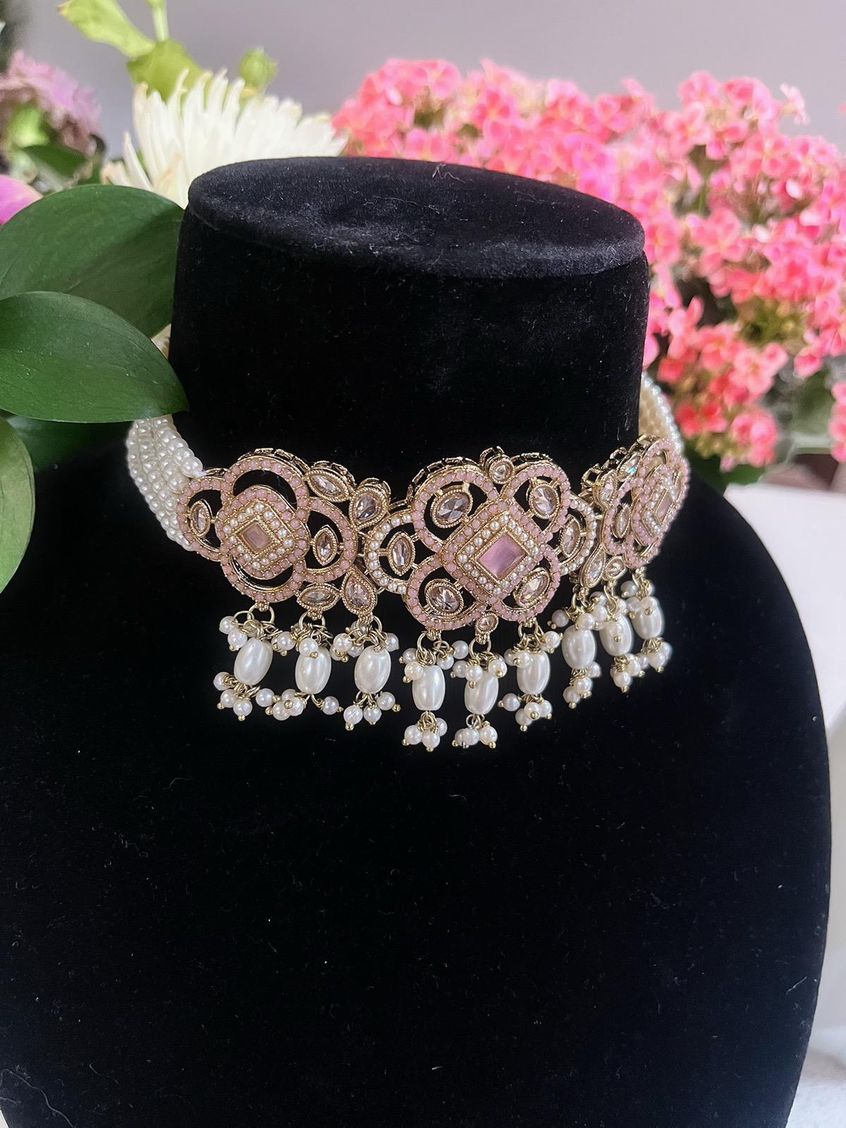 Baby Pink Choker Necklace, Earrings & Tikka Set | Lightweight Indian Jewelry | South Asian Jewelry | Pink Partywear Earrings | Pink Necklace