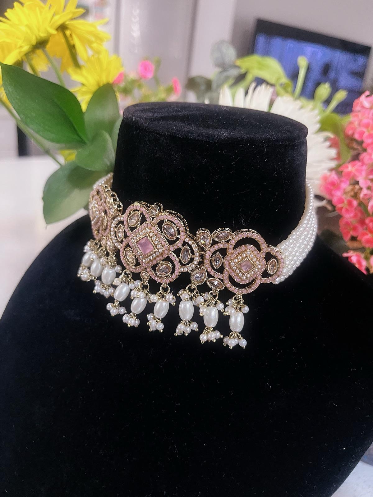 Baby Pink Choker Necklace, Earrings & Tikka Set | Lightweight Indian Jewelry | South Asian Jewelry | Pink Partywear Earrings | Pink Necklace
