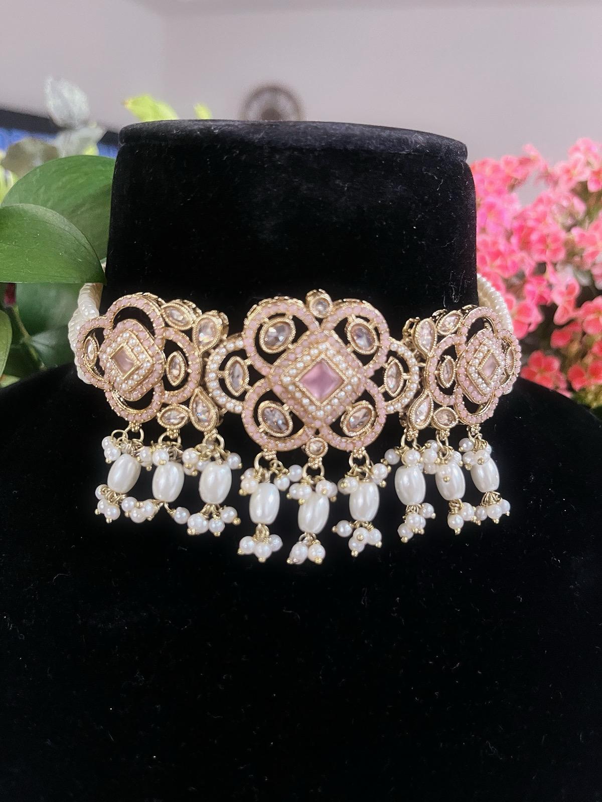 Baby Pink Choker Necklace, Earrings & Tikka Set | Lightweight Indian Jewelry | South Asian Jewelry | Pink Partywear Earrings | Pink Necklace