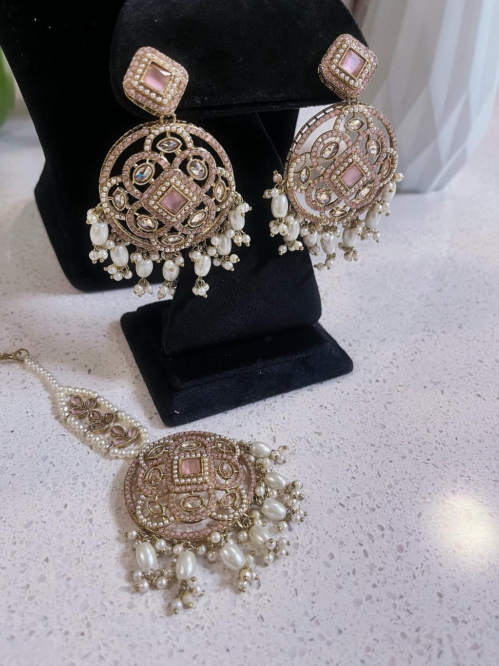 Baby Pink Choker Necklace, Earrings & Tikka Set | Lightweight Indian Jewelry | South Asian Jewelry | Pink Partywear Earrings | Pink Necklace