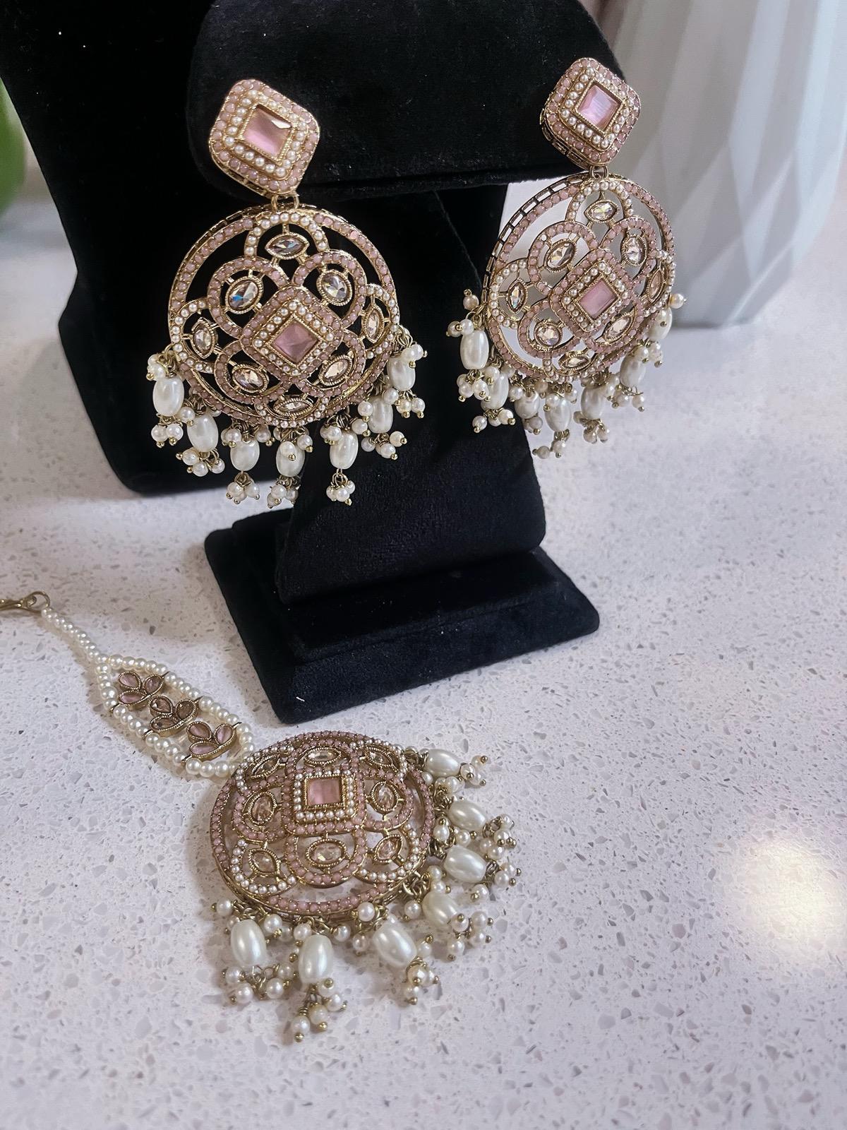 Baby Pink Choker Necklace, Earrings & Tikka Set | Lightweight Indian Jewelry | South Asian Jewelry | Pink Partywear Earrings | Pink Necklace