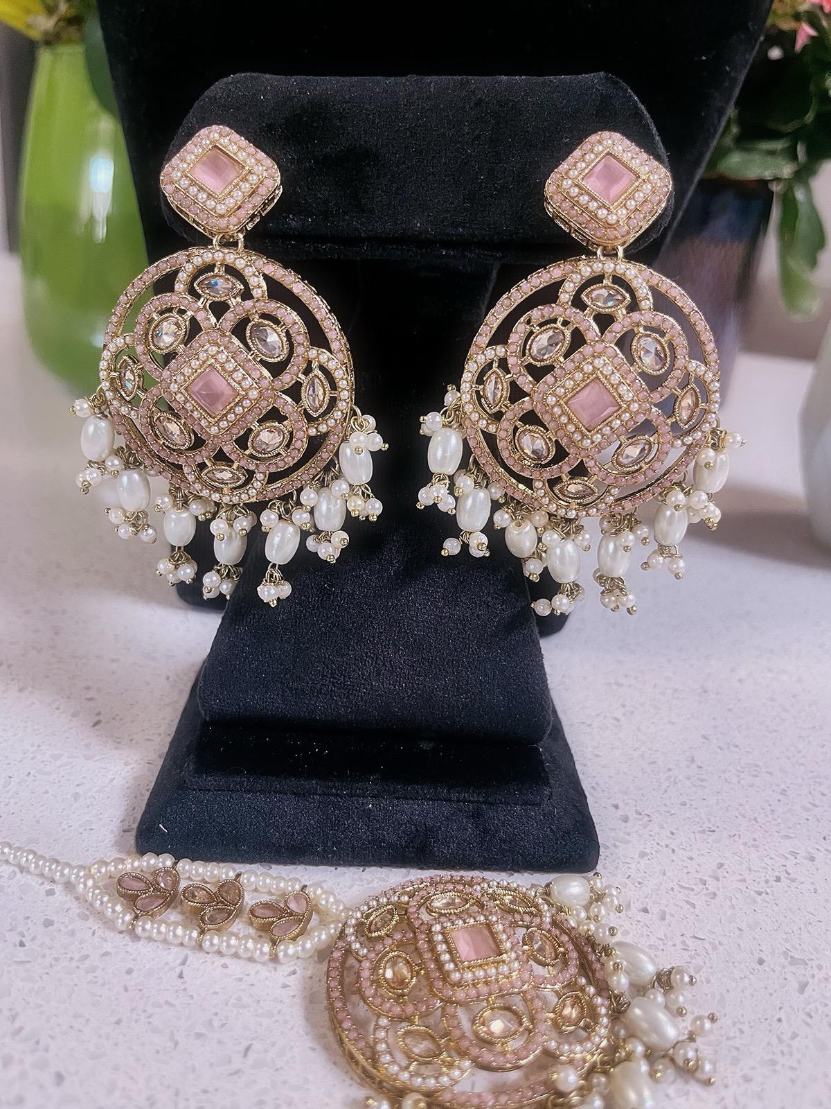 Baby Pink Choker Necklace, Earrings & Tikka Set | Lightweight Indian Jewelry | South Asian Jewelry | Pink Partywear Earrings | Pink Necklace