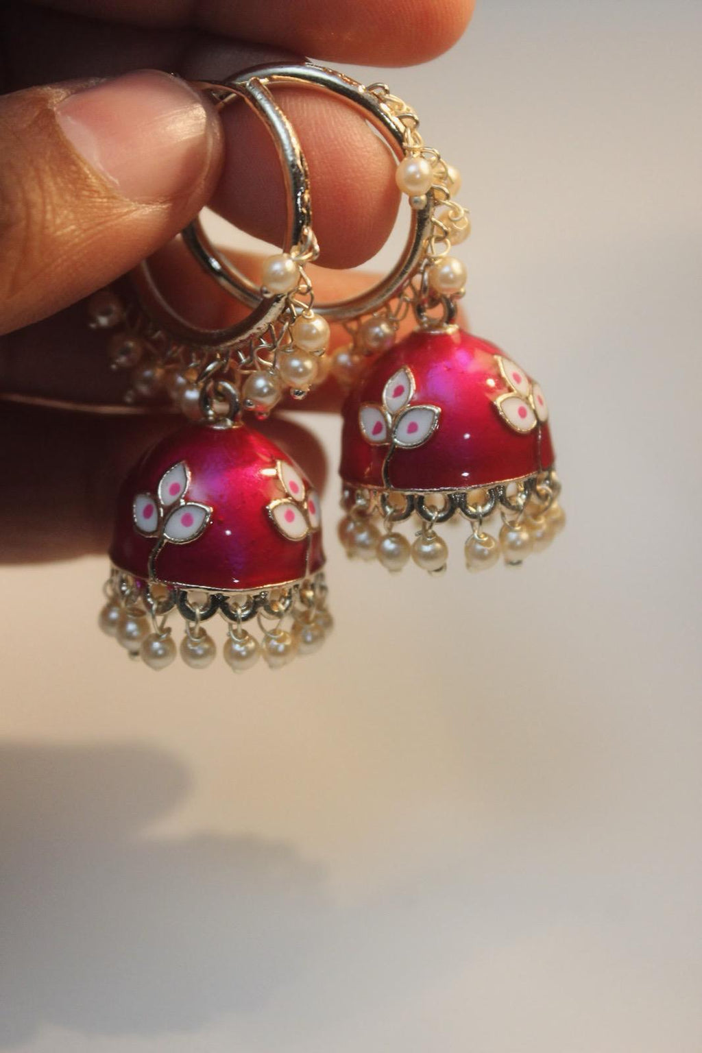 Hand-Painted Pink Meenakari Jhumka Earrings with Pearl Detailing | Traditional Indian Jewelry