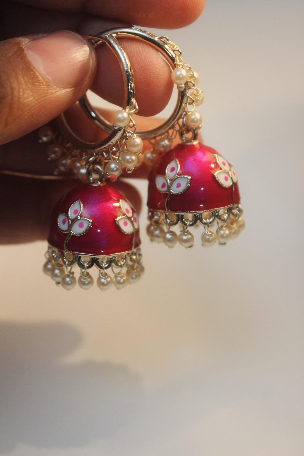 Hand-Painted Pink Meenakari Jhumka Earrings with Pearl Detailing | Traditional Indian Jewelry