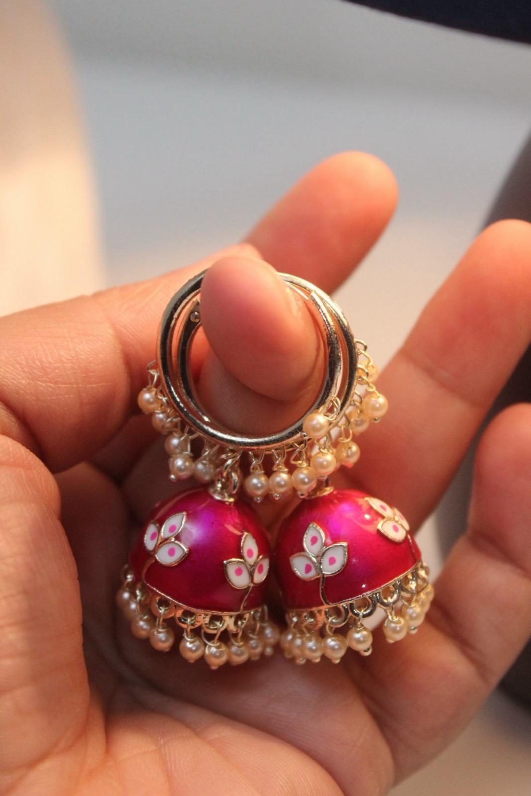 Hand-Painted Pink Meenakari Jhumka Earrings with Pearl Detailing | Traditional Indian Jewelry