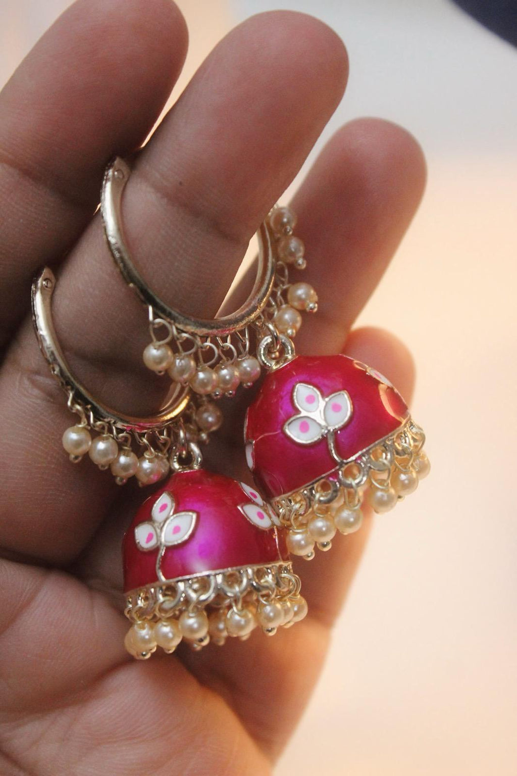 Hand-Painted Pink Meenakari Jhumka Earrings with Pearl Detailing | Traditional Indian Jewelry