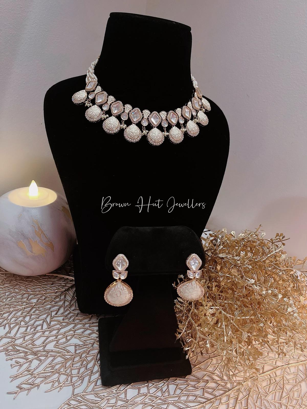 Elegant White Kundan Necklace Set with Earrings | Bridal Wedding Jewelry | Lightweight Indian Jewelry Set