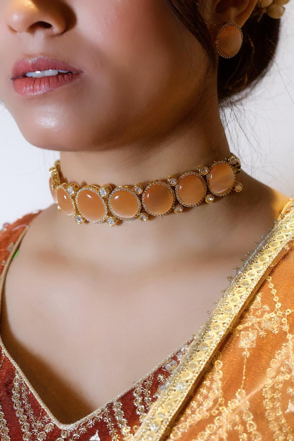 PEACH Necklace | Indian Jewelry | South Asian Jewelry | Stud Earrings | Partywear | Peach Jewelry | Peach Choker Necklace Set | Peach Studs