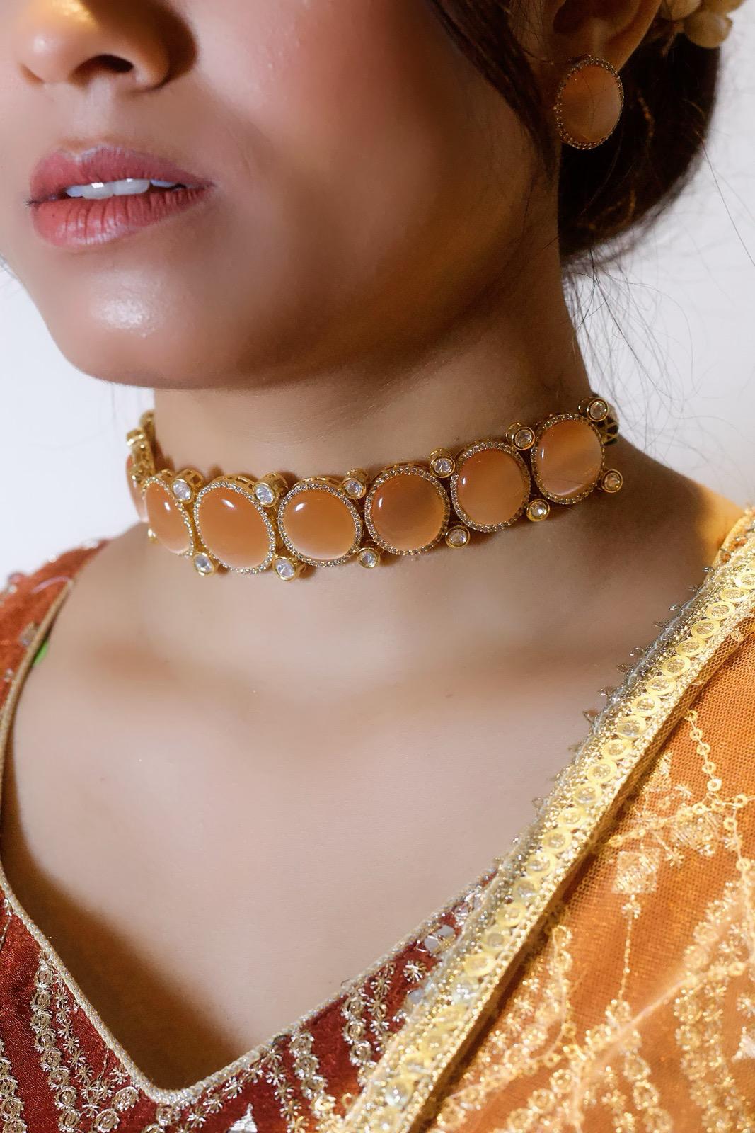 PEACH Necklace | Indian Jewelry | South Asian Jewelry | Stud Earrings | Partywear | Peach Jewelry | Peach Choker Necklace Set | Peach Studs