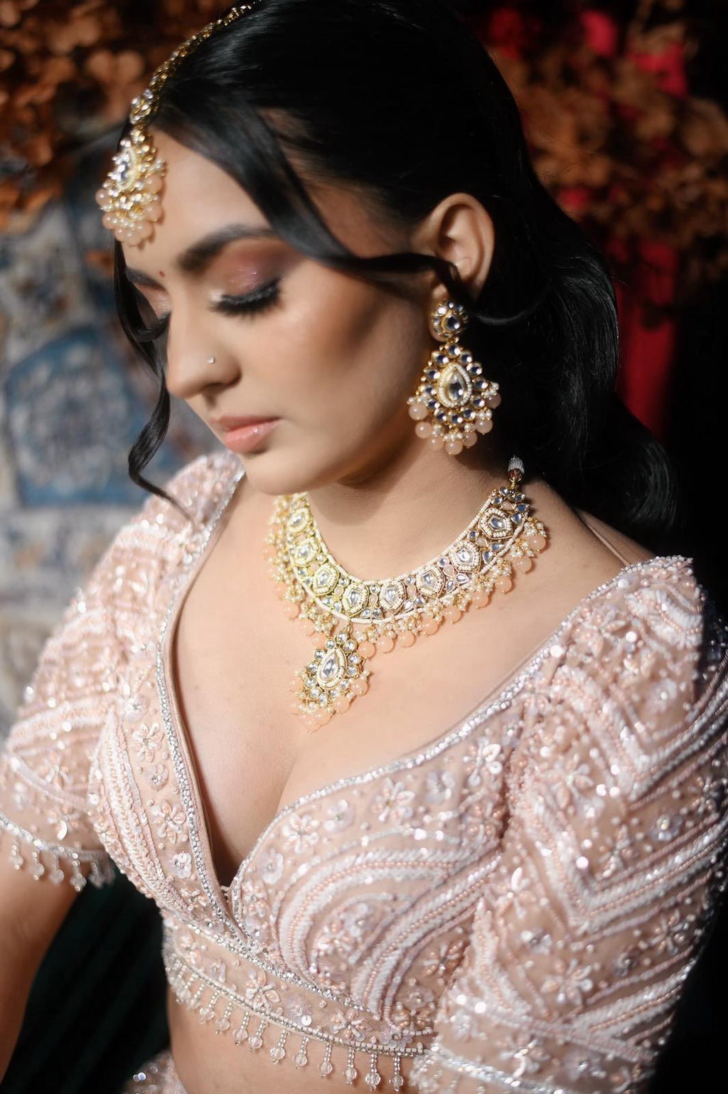 Peach Necklace Set | Peach Bridal Necklace Set | Kundan Necklace Set| Beige Necklace Set | Beige Bridal Necklace Set | Peach Jewelry