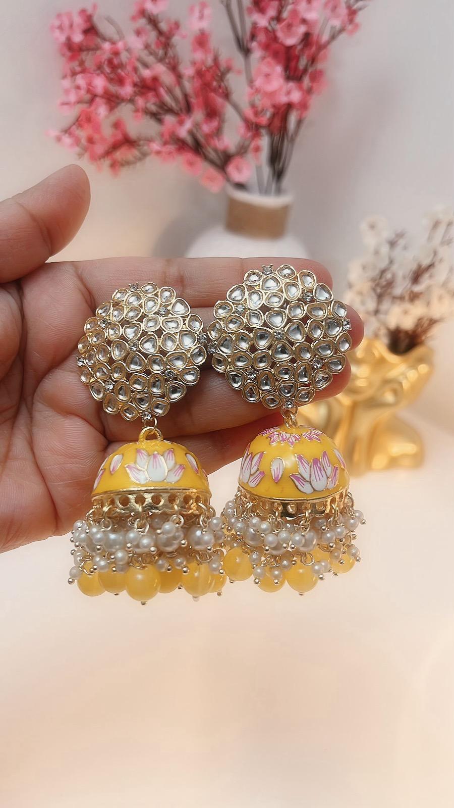 Yellow Jhumkas | Yellow Partywear Earrings | Earrings | Indian Earrings | Cute Earrings | Yellow Jhumka | Yellow Danglers
