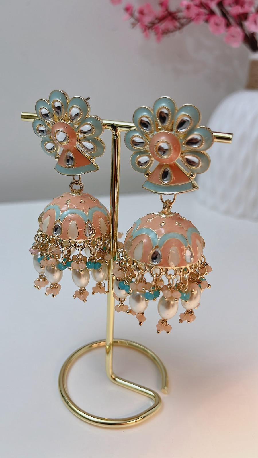 Mint Blue Earrings | Peach Earrings | Indian Jewelry | South Asian Jewelry | Party Earrings | Blue Earrings | Partywear Earrings