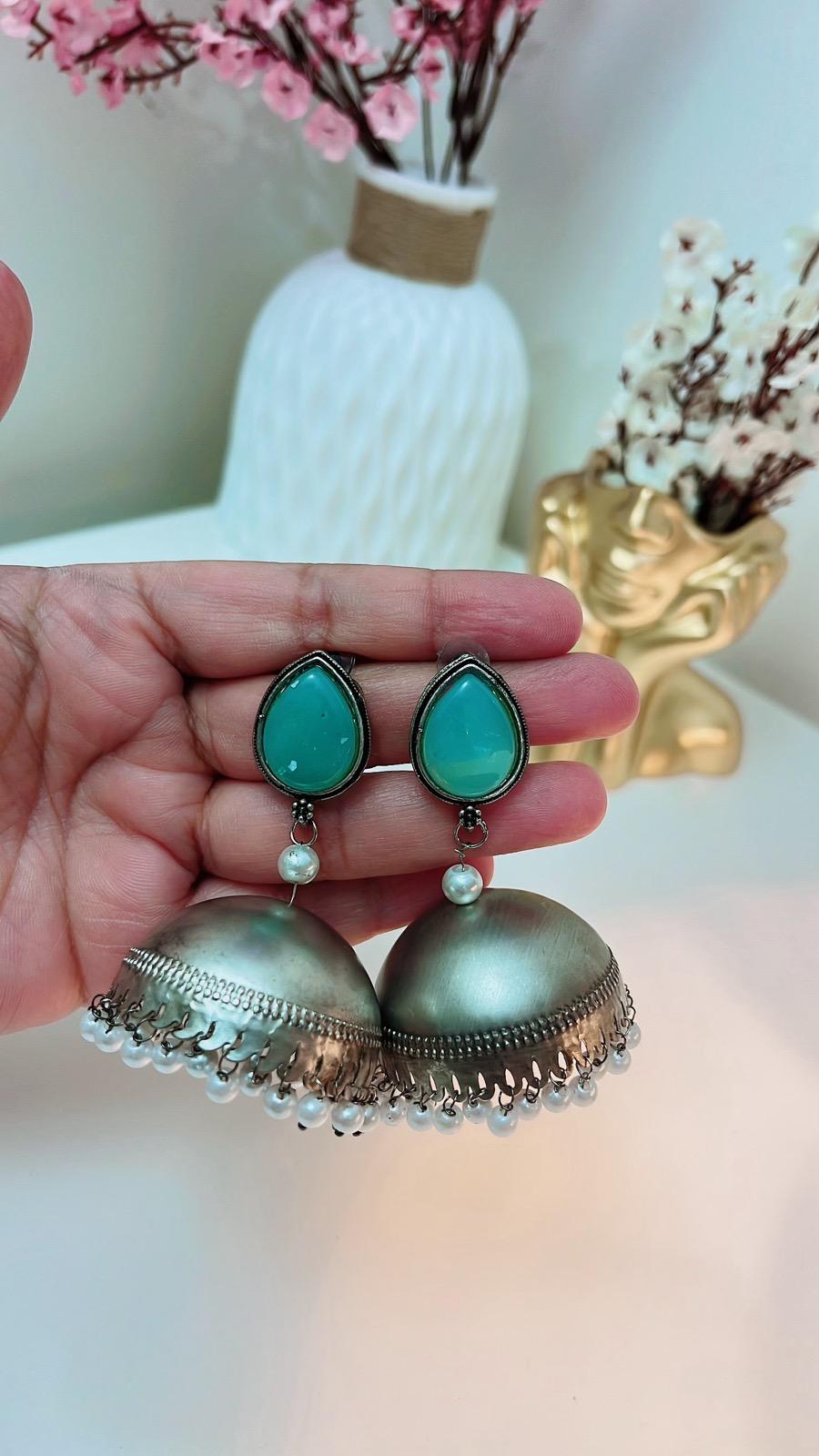 Mint Blue Jhumka | Earrings | Jhumki | Partywear Jhumka | Mint Earrings | Oxidized Earrings | Antique Earrings | Oxidized Jhumka