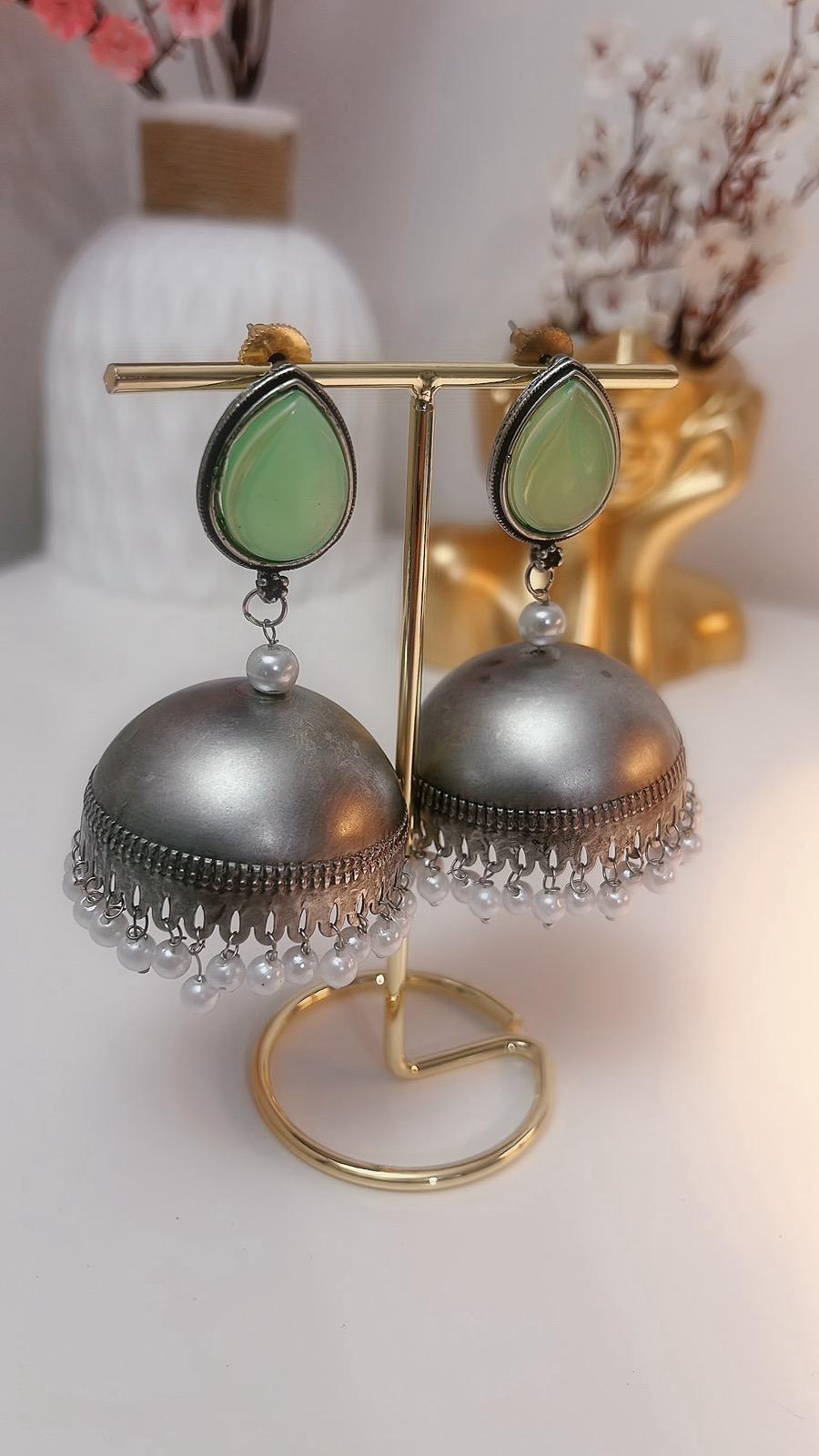 Green Jhumka | Earrings | Jhumki | Partywear Jhumka | Green Earrings | Oxidized Earrings | Antique Earrings | Oxidized Jhumka