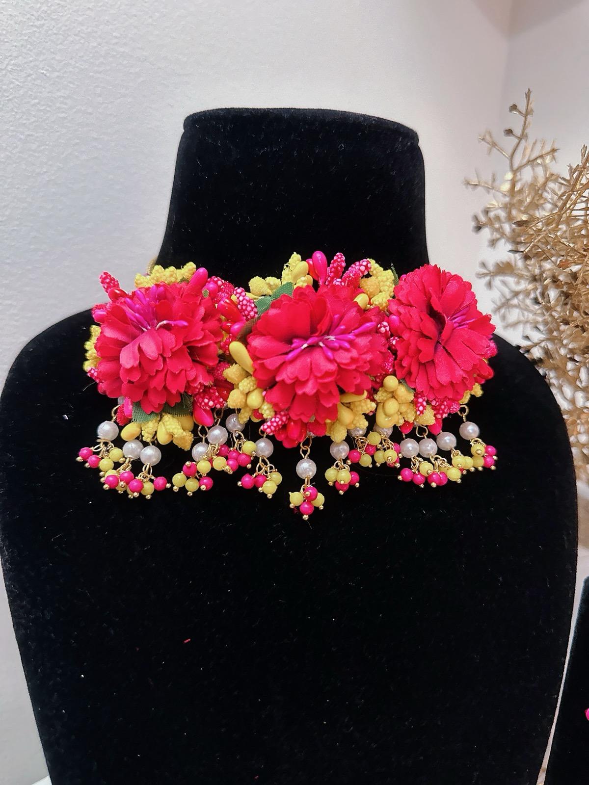 Floral Hot Pink Necklace Set, Haldi Necklace Set, Pink Jewelry, Pink Bridal Necklace Set, Pink Tikka, Pink Earrings, Bracelets & Rings