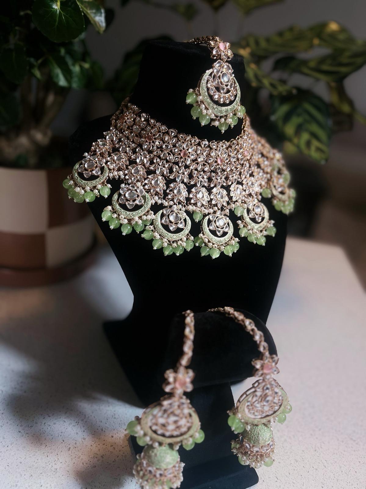Bridal Mint Green Necklace Set | Mint Green Bridal Jewelry | Green Bridal Necklace Set | Bridal Necklace, Earrings & Tikka Set