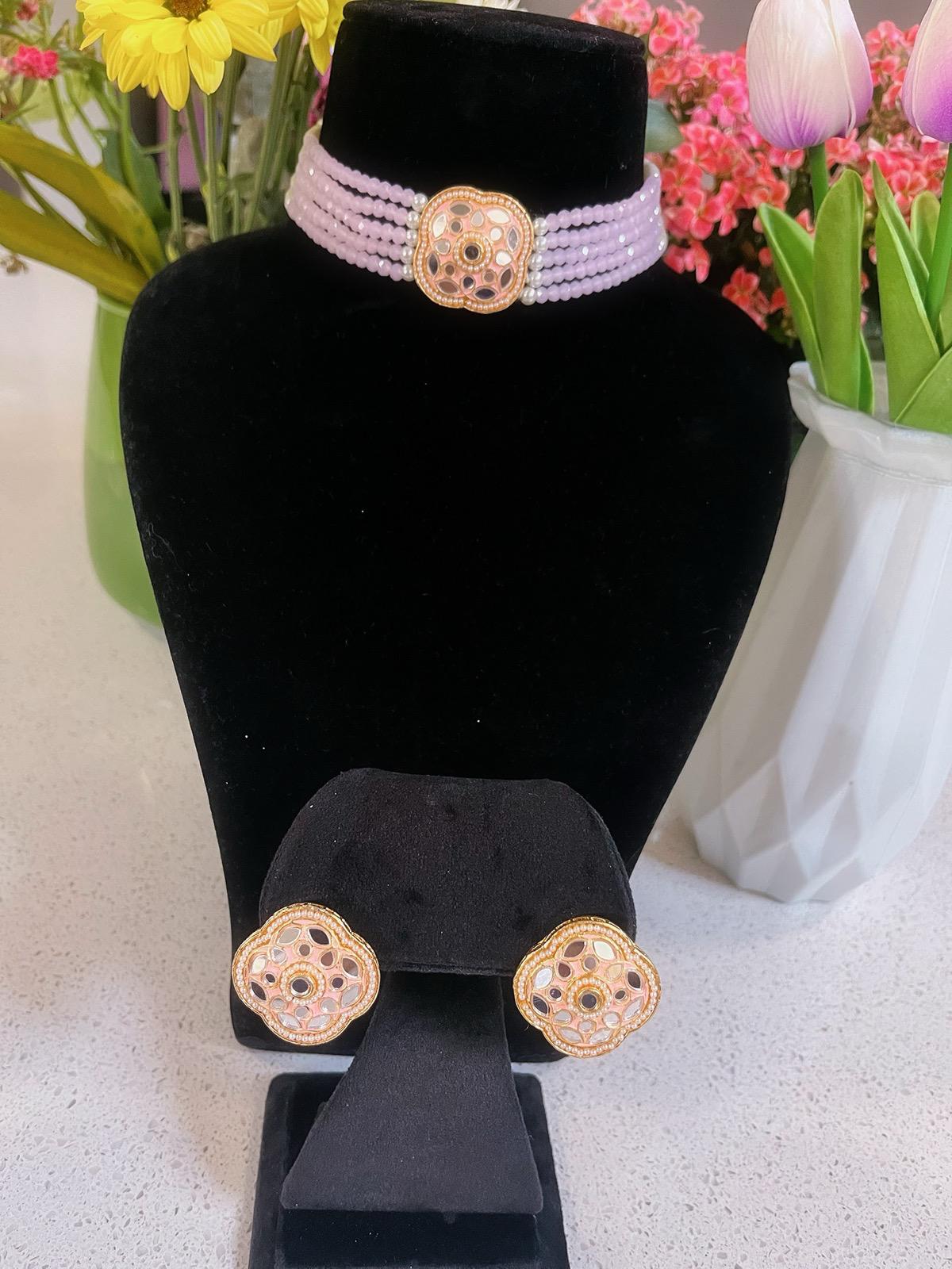 PINK Choker Necklace, Earrings & Tikka Set | Indian Jewelry | South Asian Jewelry | Earrings | Simple Choker Necklace | Pink Necklace Set