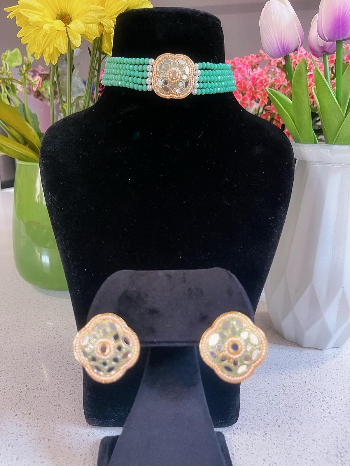 Mint Necklace & Stud Earrings Set | Indian Jewelry | South Asian Jewelry | Earrings | Partywear