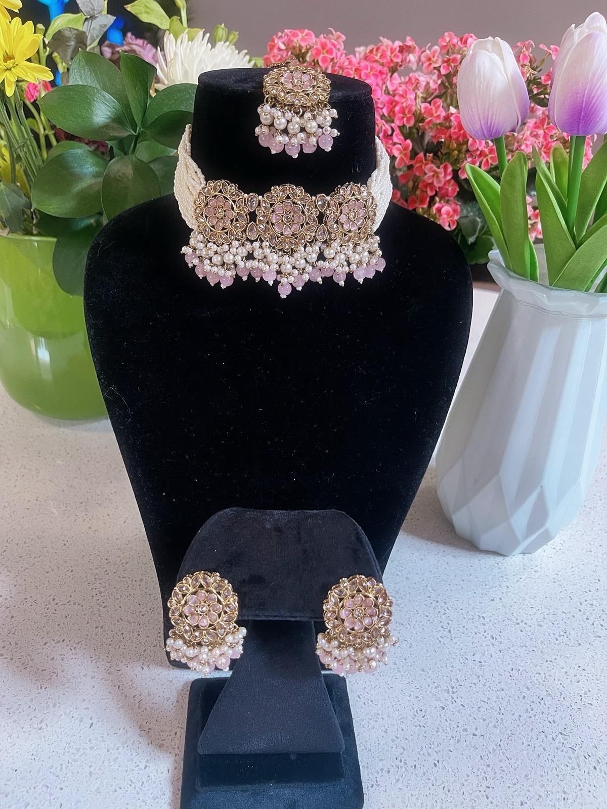 Baby Pink Choker Necklace, Earrings & Tikka Set | Lightweight Indian Jewelry | South Asian Jewelry | Pink Partywear Earrings | Pink Necklace