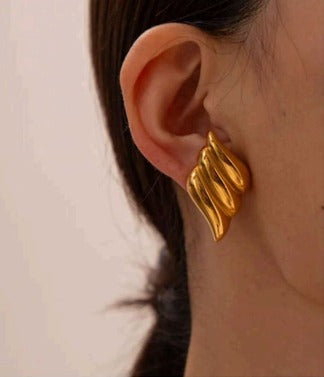 Statement Gold Pleated Fan Stud Earrings