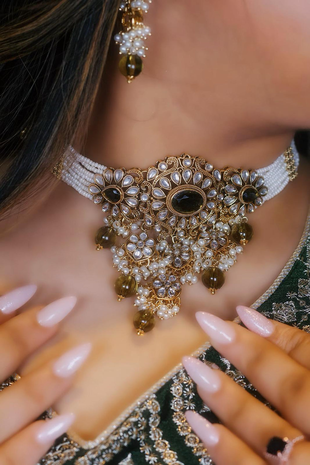 OLIVE Green Partywear Choker Necklace, Earrings & Tikka Set | Indian Jewelry | South Asian Jewelry | Olive Necklace Set | Olive Jewelry