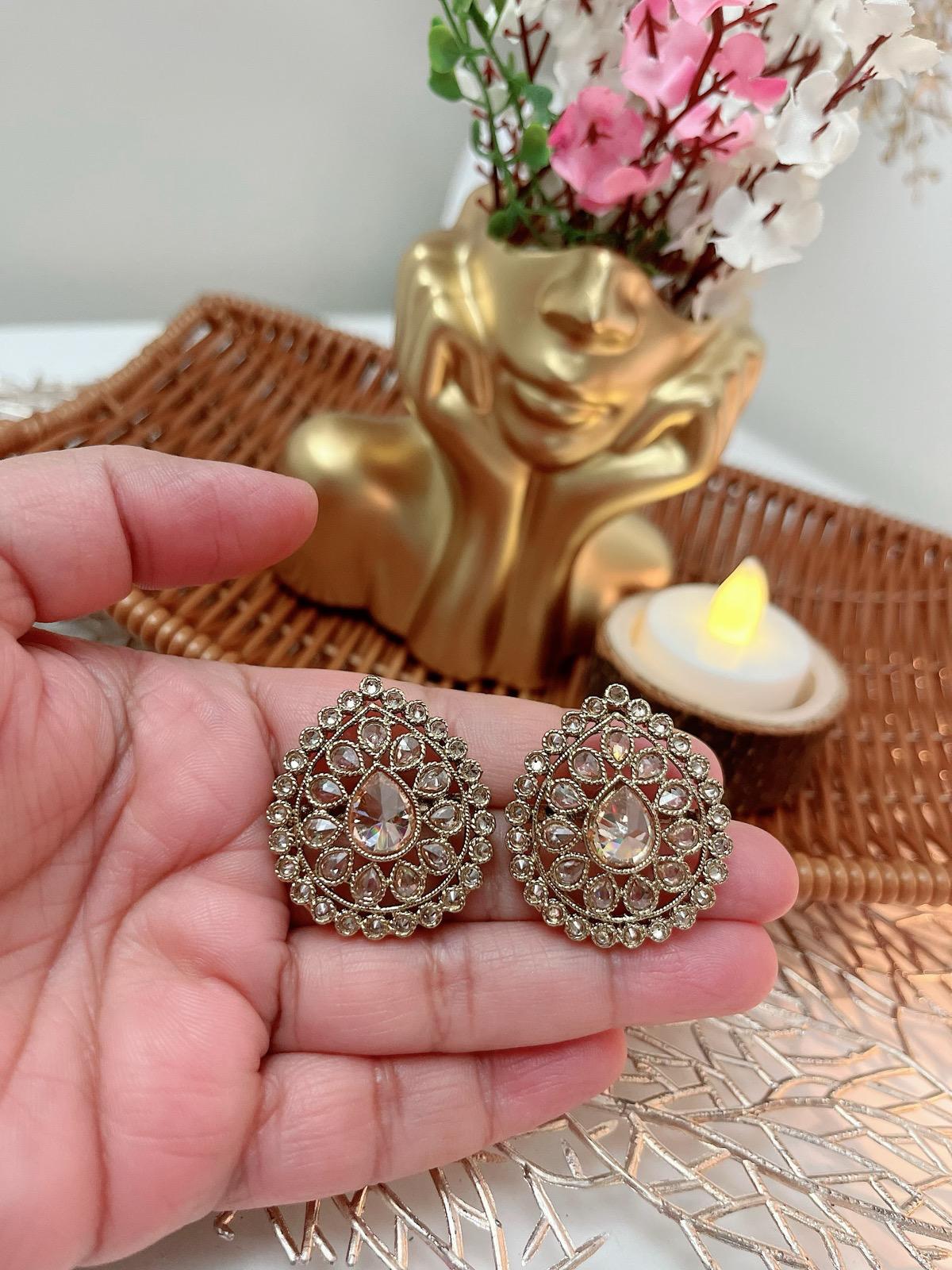 Traditional Kundan Stud Earrings | Teardrop Bridal Earrings | Ethnic Wedding Jewelry