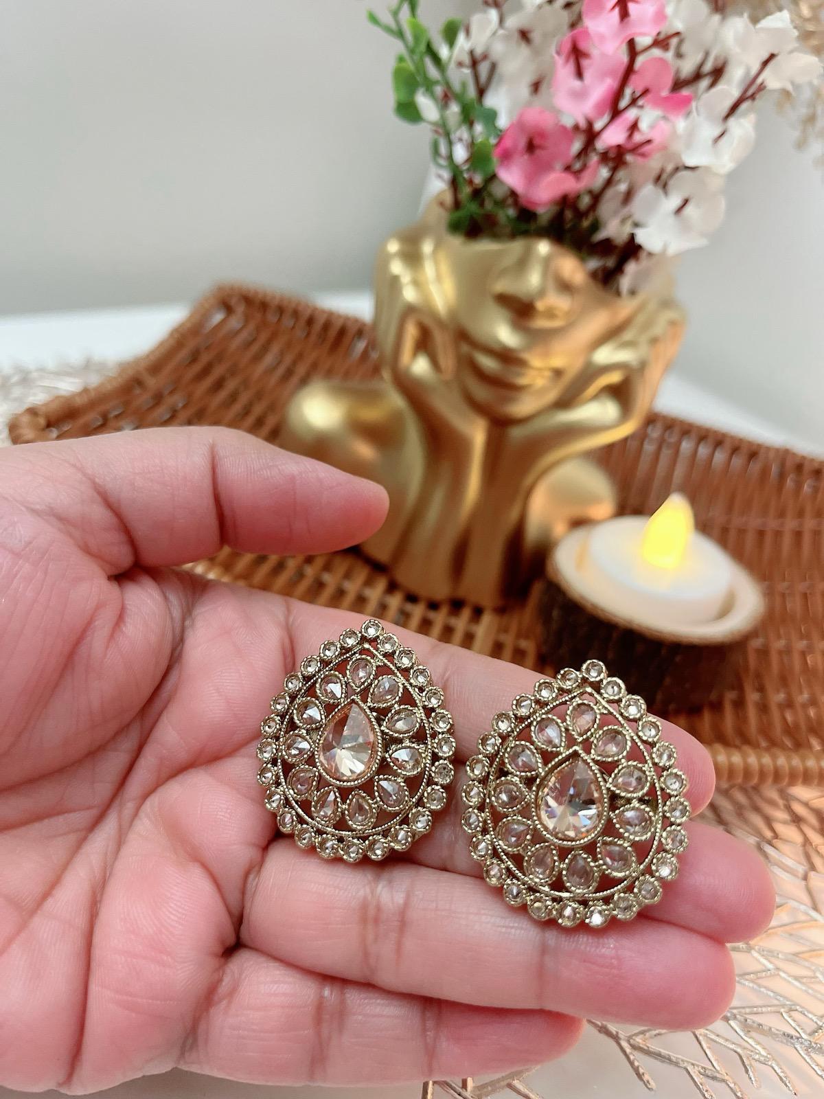 Traditional Kundan Stud Earrings | Teardrop Bridal Earrings | Ethnic Wedding Jewelry