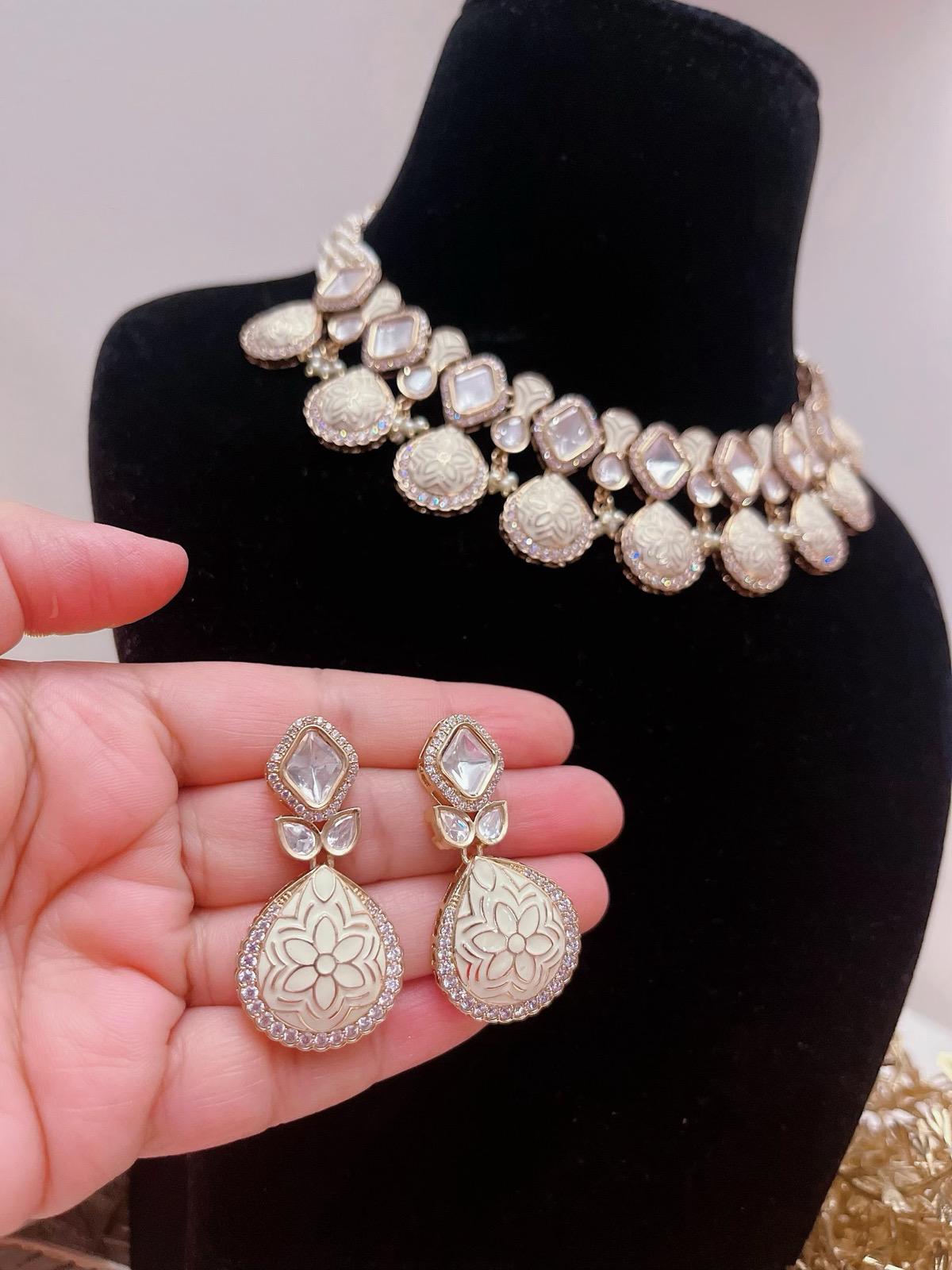 Elegant White Kundan Necklace Set with Earrings | Bridal Wedding Jewelry | Lightweight Indian Jewelry Set