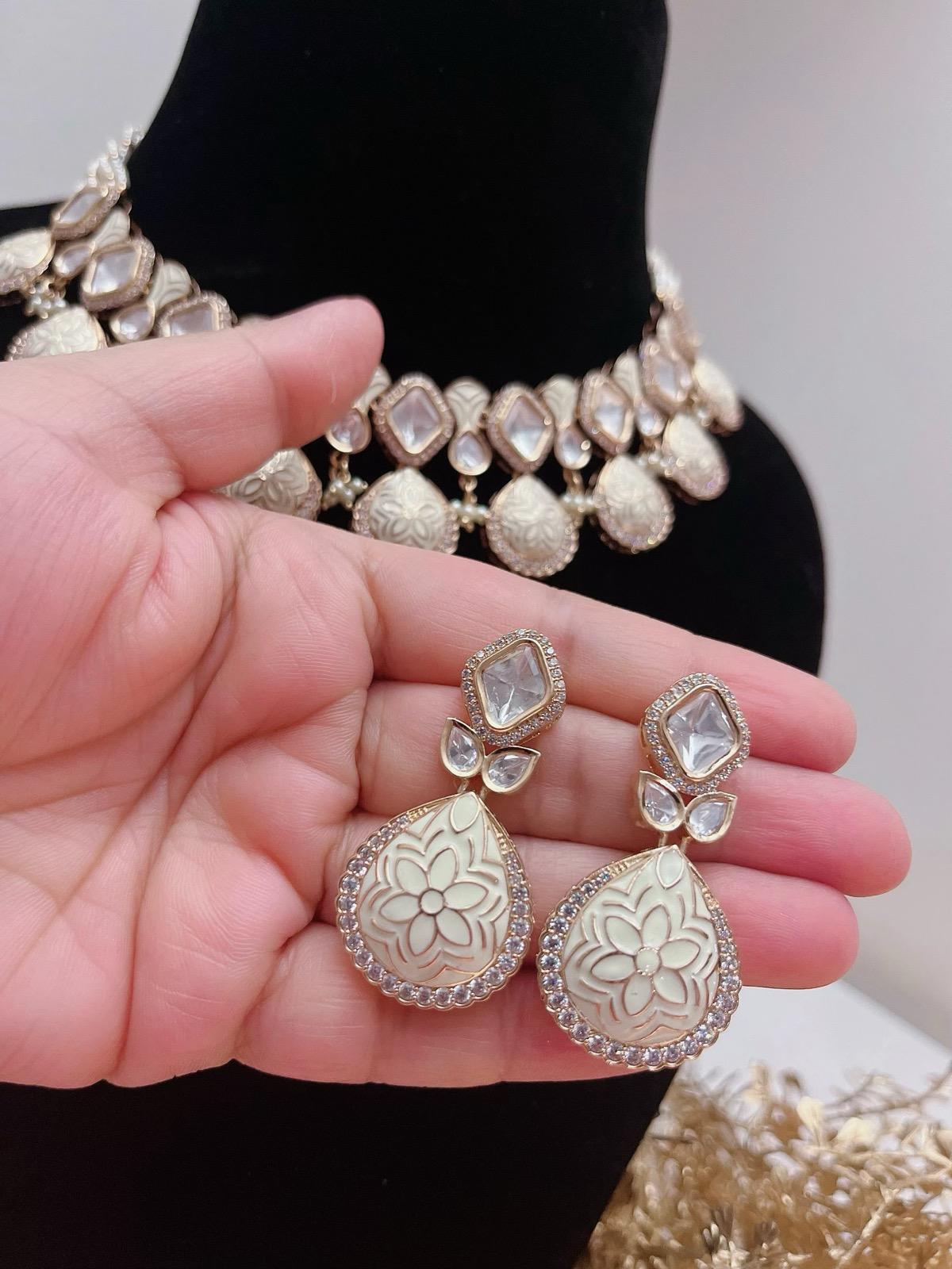 Elegant White Kundan Necklace Set with Earrings | Bridal Wedding Jewelry | Lightweight Indian Jewelry Set