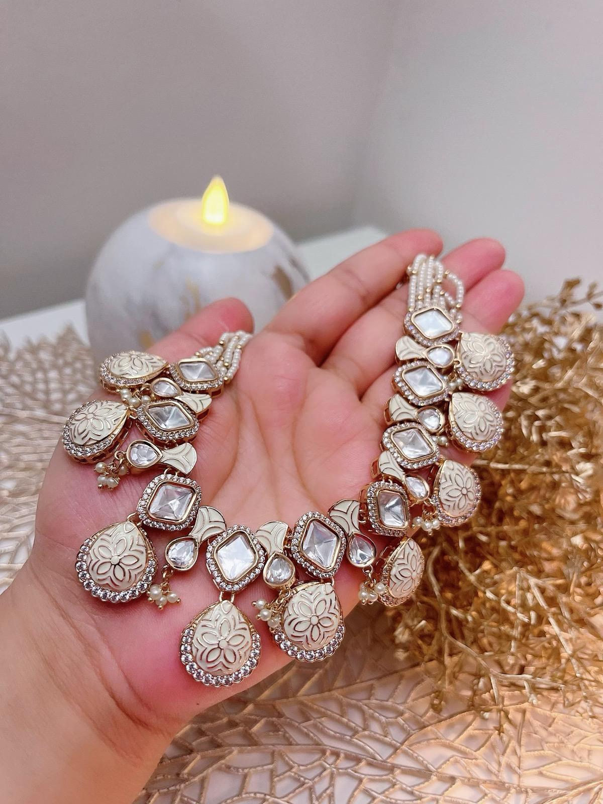 Elegant White Kundan Necklace Set with Earrings | Bridal Wedding Jewelry | Lightweight Indian Jewelry Set