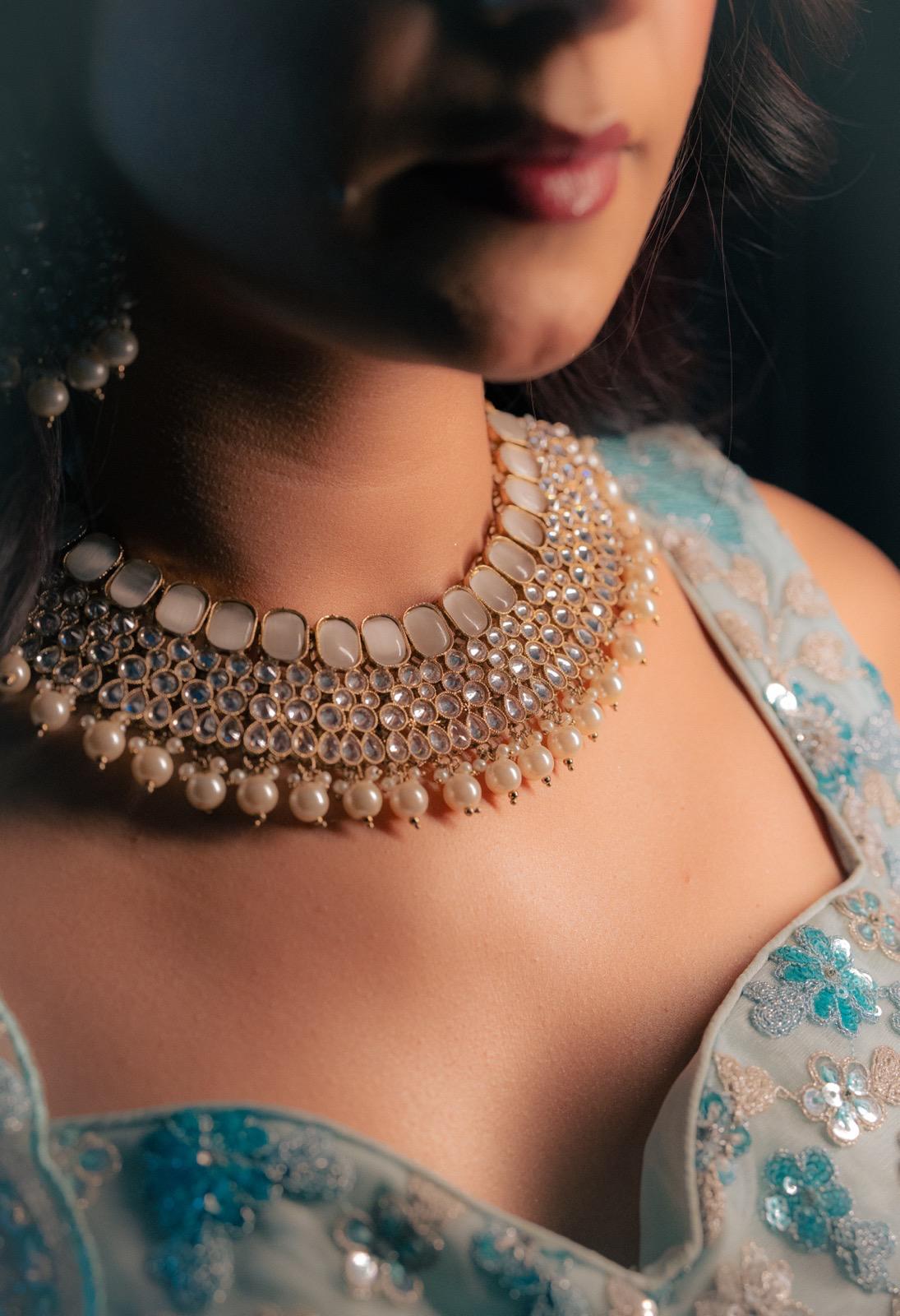 Silver Necklace, Earrings & Tikka Set | Indian Jewelry | South Asian Jewelry | Silver Bridal Set | Danglers | Partywear | Grey Necklace