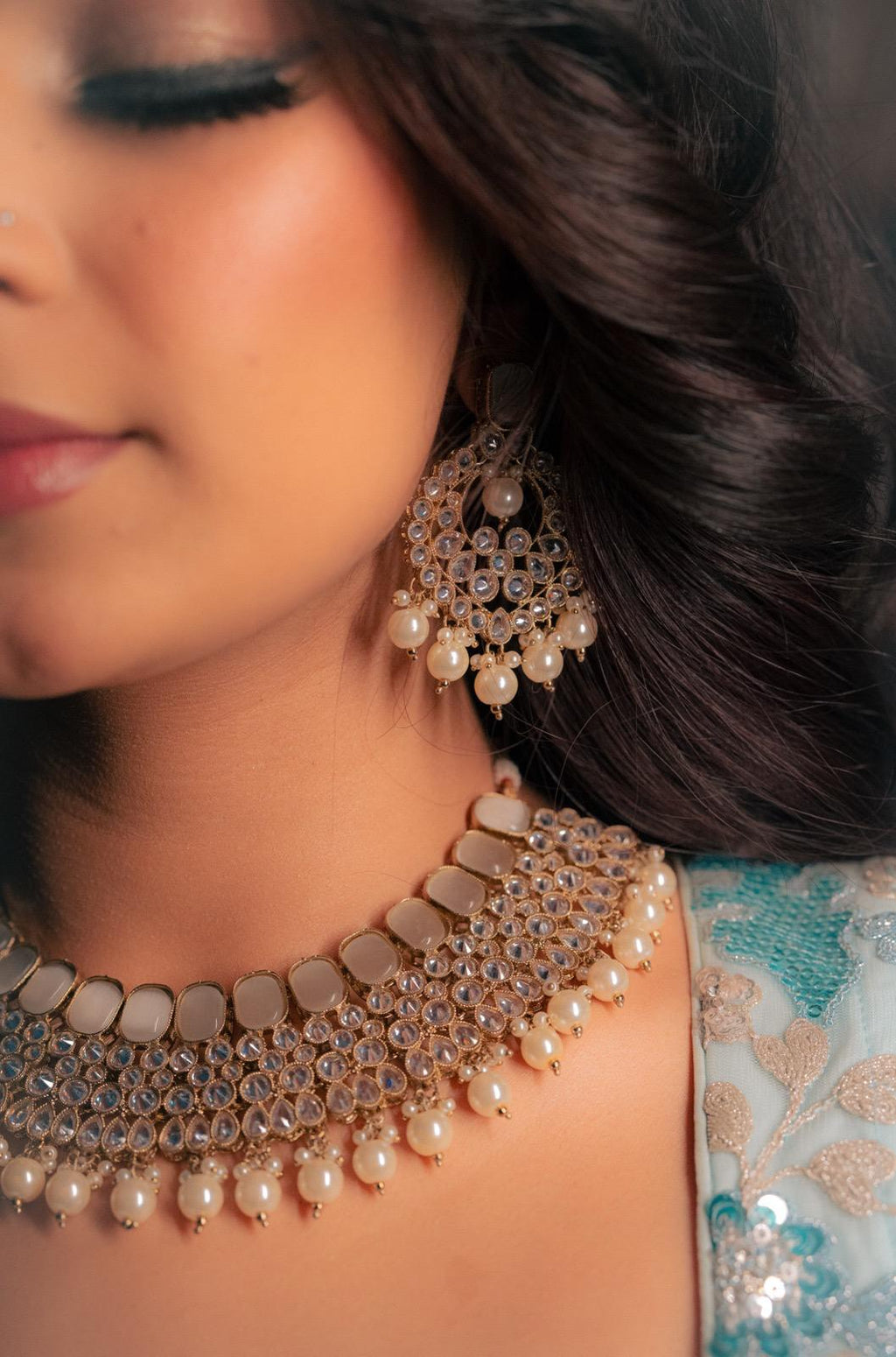 Silver Necklace, Earrings & Tikka Set | Indian Jewelry | South Asian Jewelry | Silver Bridal Set | Danglers | Partywear | Grey Necklace
