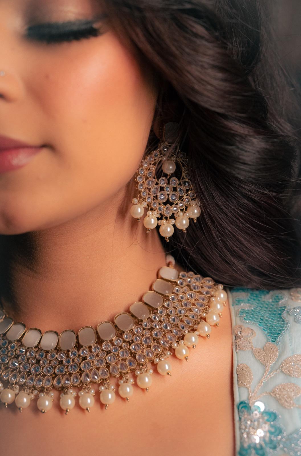 Silver Necklace, Earrings & Tikka Set | Indian Jewelry | South Asian Jewelry | Silver Bridal Set | Danglers | Partywear | Grey Necklace