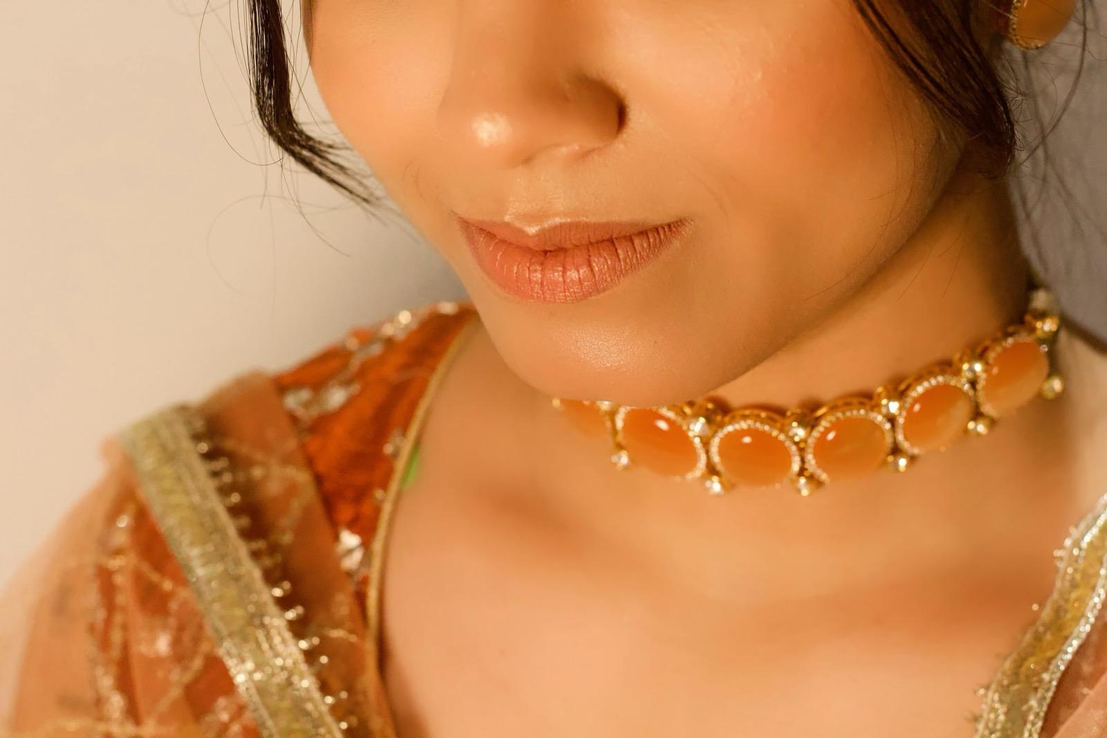 PEACH Necklace | Indian Jewelry | South Asian Jewelry | Stud Earrings | Partywear | Peach Jewelry | Peach Choker Necklace Set | Peach Studs