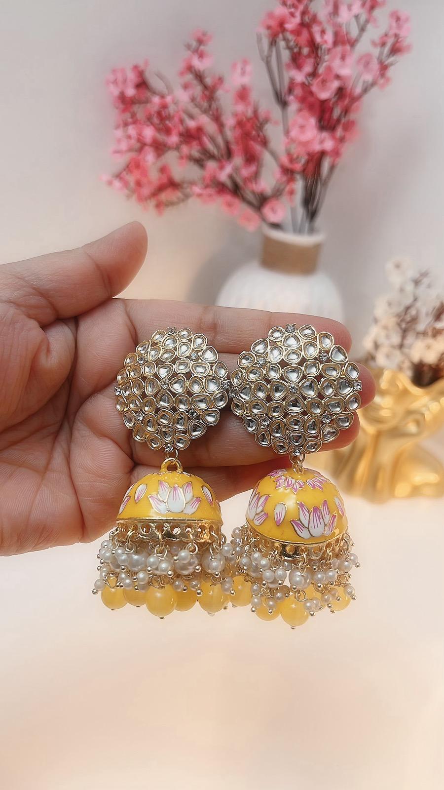 Yellow Jhumkas | Yellow Partywear Earrings | Earrings | Indian Earrings | Cute Earrings | Yellow Jhumka | Yellow Danglers