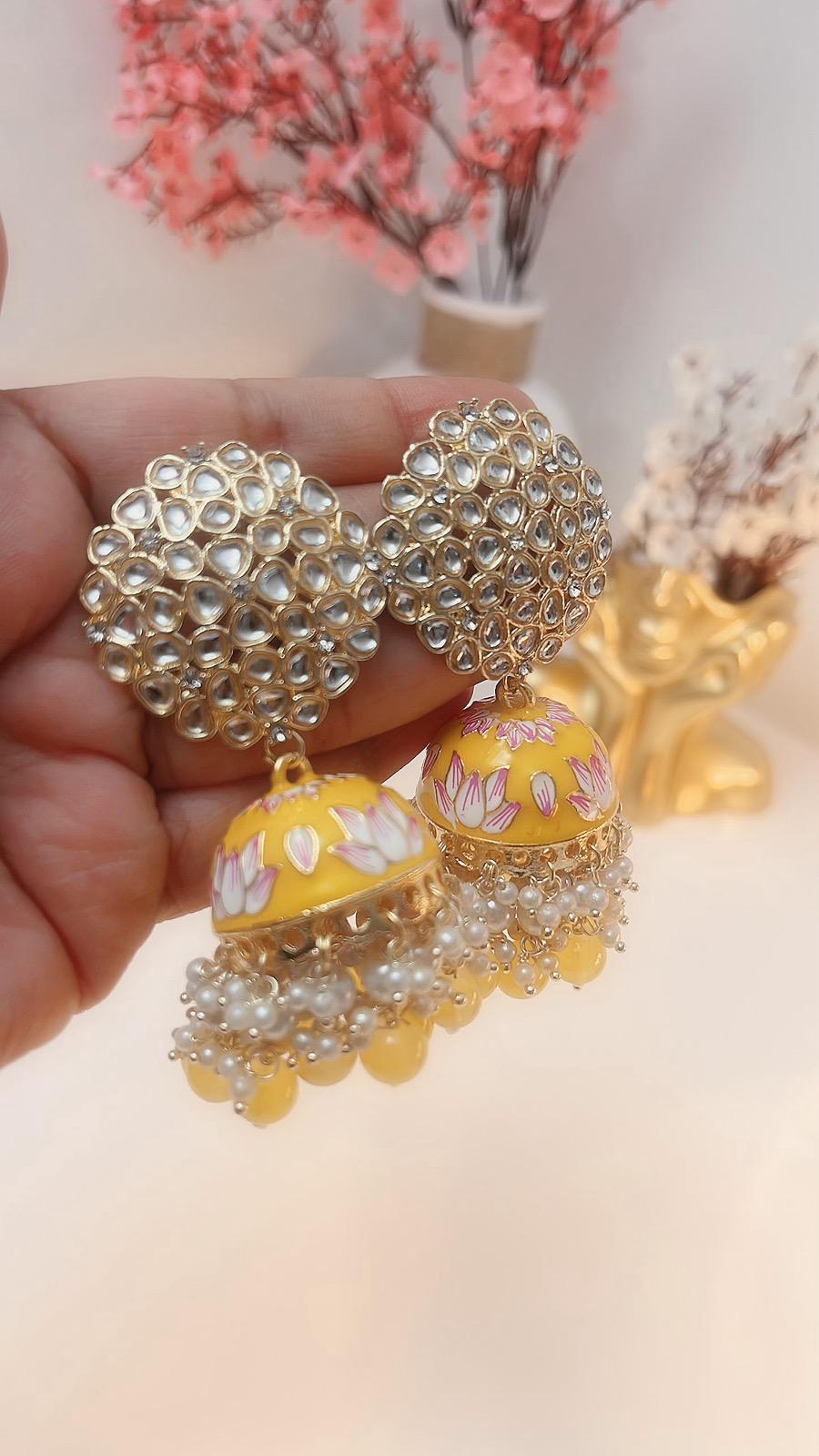 Yellow Jhumkas | Yellow Partywear Earrings | Earrings | Indian Earrings | Cute Earrings | Yellow Jhumka | Yellow Danglers