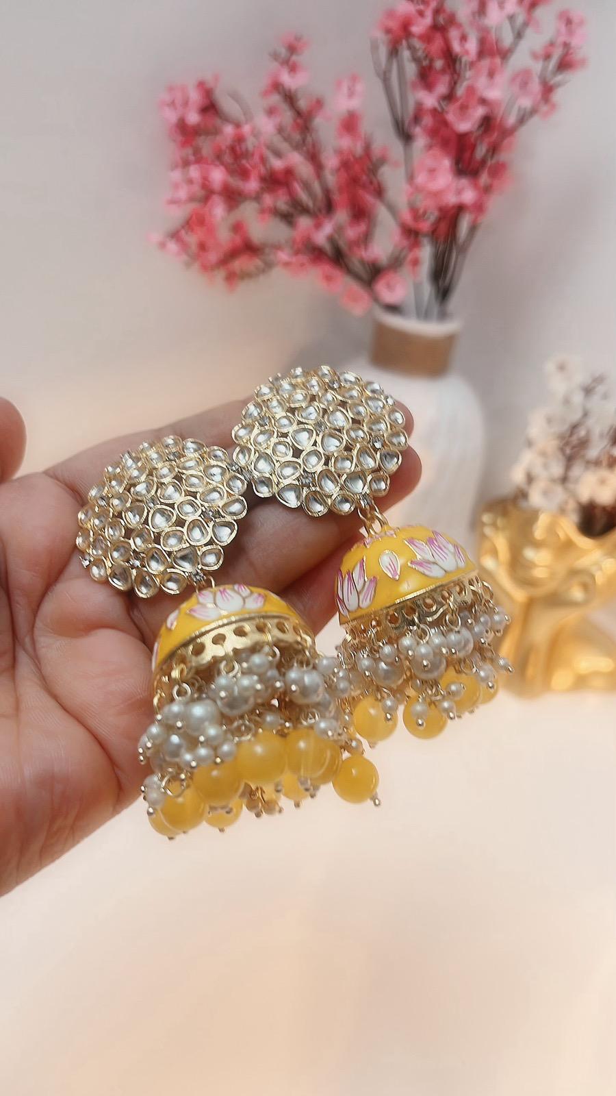 Yellow Jhumkas | Yellow Partywear Earrings | Earrings | Indian Earrings | Cute Earrings | Yellow Jhumka | Yellow Danglers