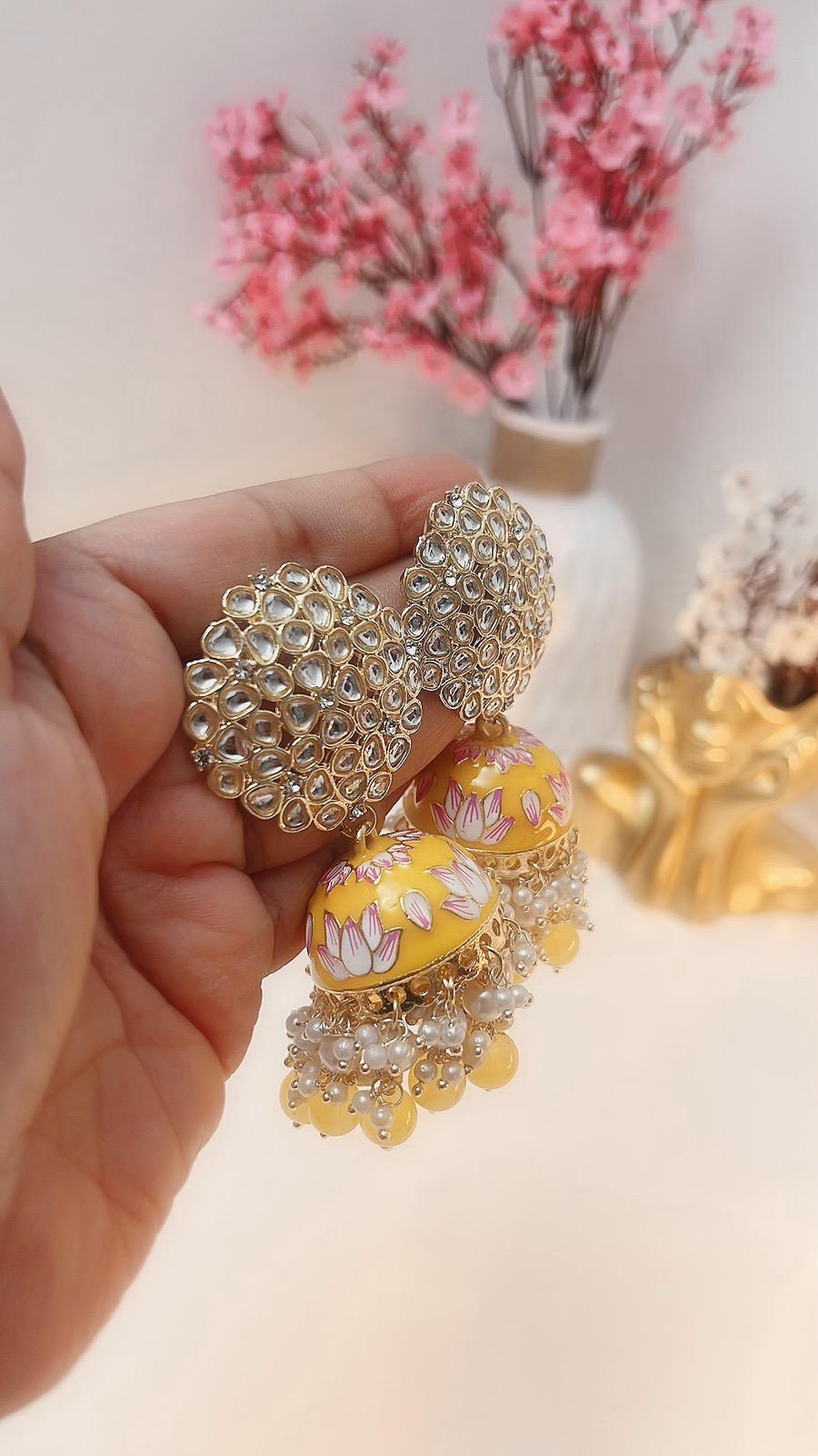 Yellow Jhumkas | Yellow Partywear Earrings | Earrings | Indian Earrings | Cute Earrings | Yellow Jhumka | Yellow Danglers