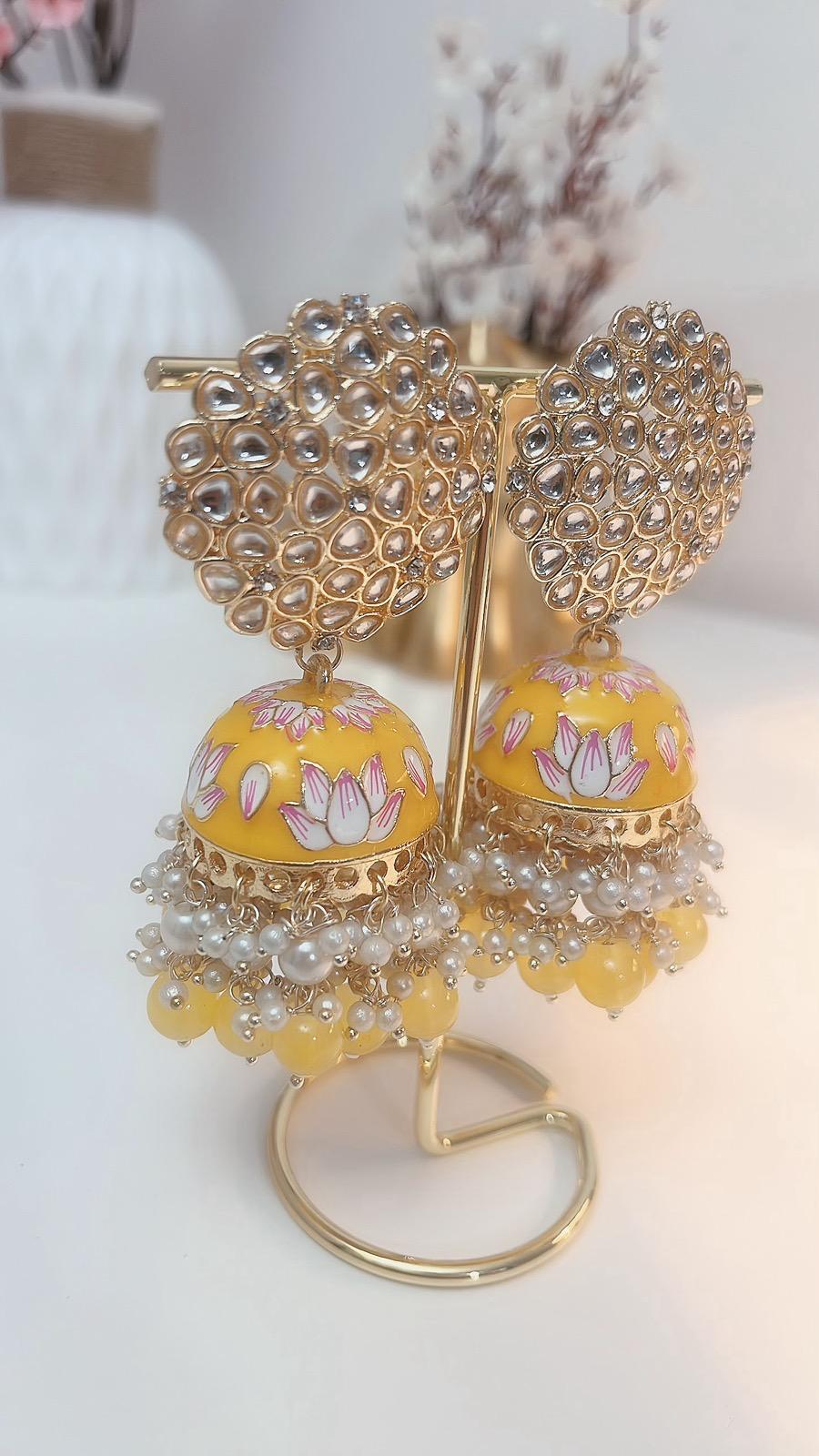 Yellow Jhumkas | Yellow Partywear Earrings | Earrings | Indian Earrings | Cute Earrings | Yellow Jhumka | Yellow Danglers