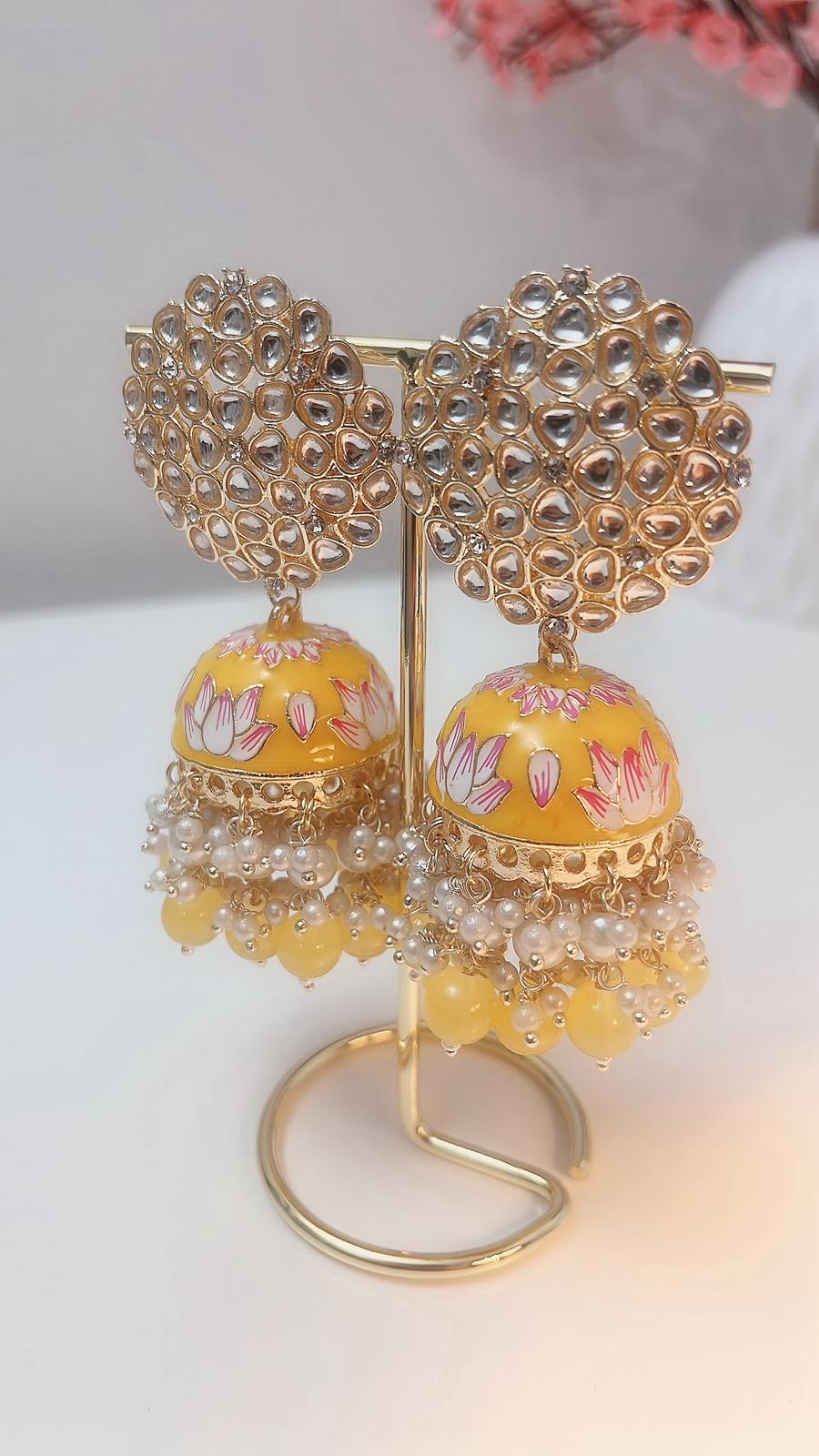 Yellow Jhumkas | Yellow Partywear Earrings | Earrings | Indian Earrings | Cute Earrings | Yellow Jhumka | Yellow Danglers