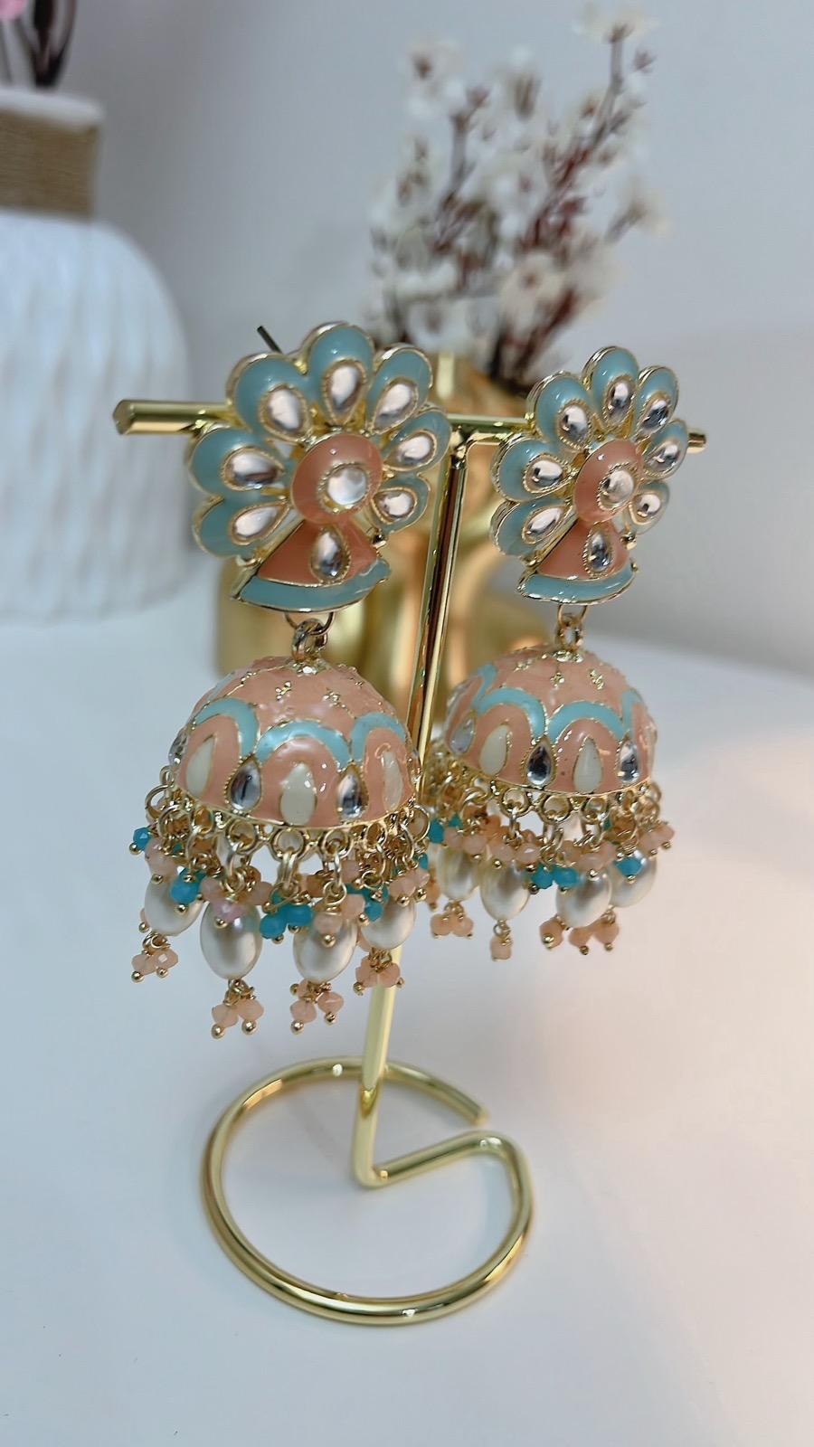 Mint Blue Earrings | Peach Earrings | Indian Jewelry | South Asian Jewelry | Party Earrings | Blue Earrings | Partywear Earrings
