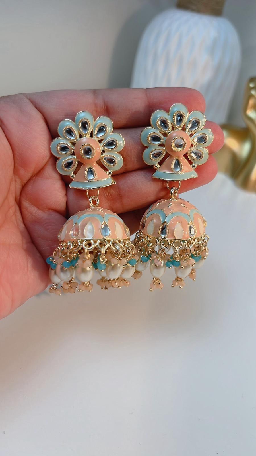 Mint Blue Earrings | Peach Earrings | Indian Jewelry | South Asian Jewelry | Party Earrings | Blue Earrings | Partywear Earrings