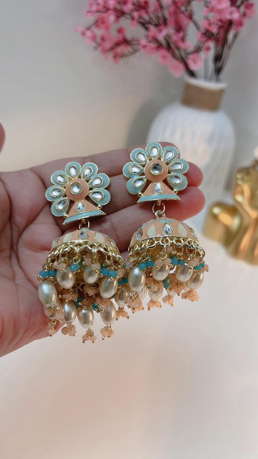 Mint Blue Earrings | Peach Earrings | Indian Jewelry | South Asian Jewelry | Party Earrings | Blue Earrings | Partywear Earrings