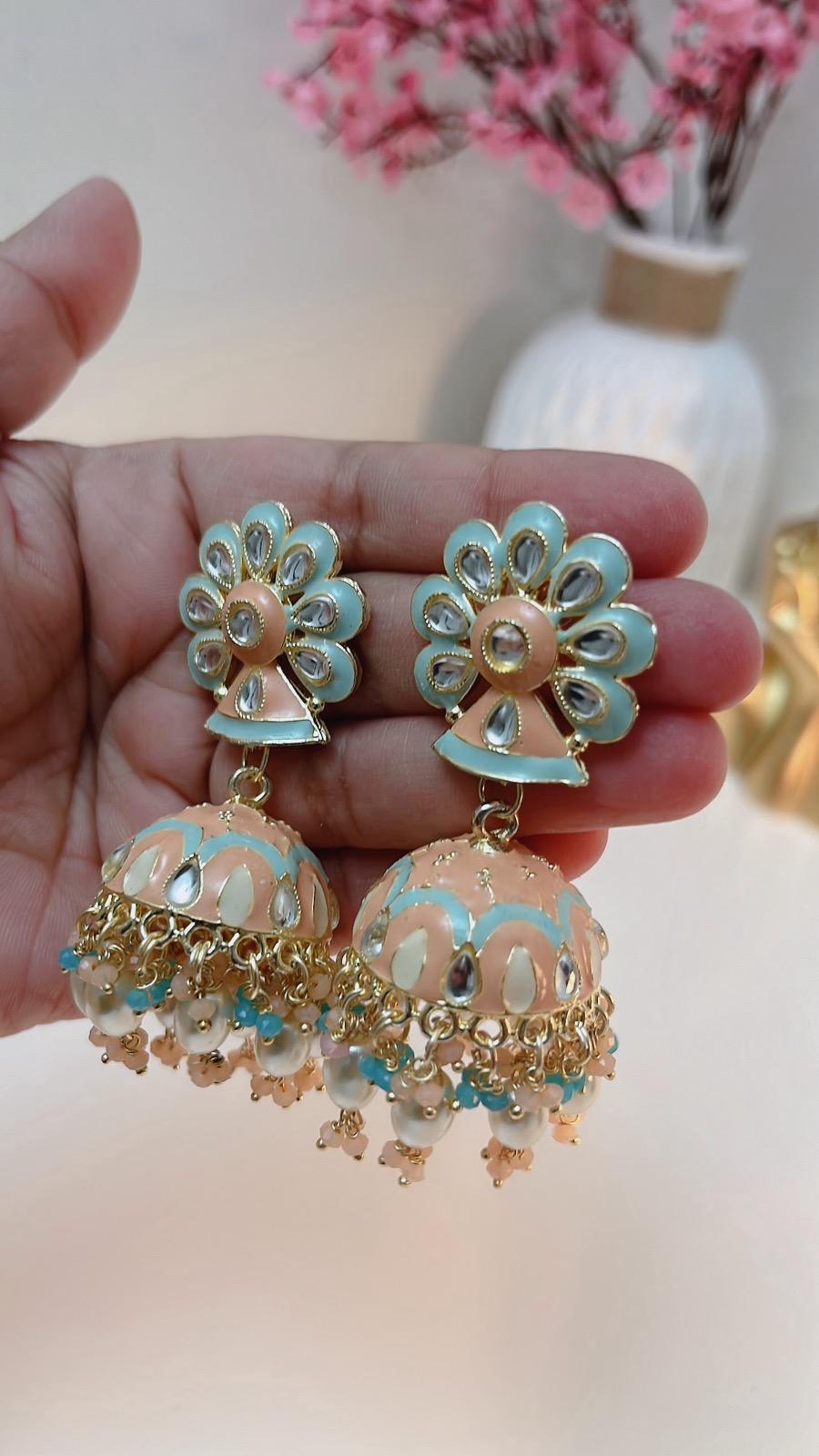 Mint Blue Earrings | Peach Earrings | Indian Jewelry | South Asian Jewelry | Party Earrings | Blue Earrings | Partywear Earrings