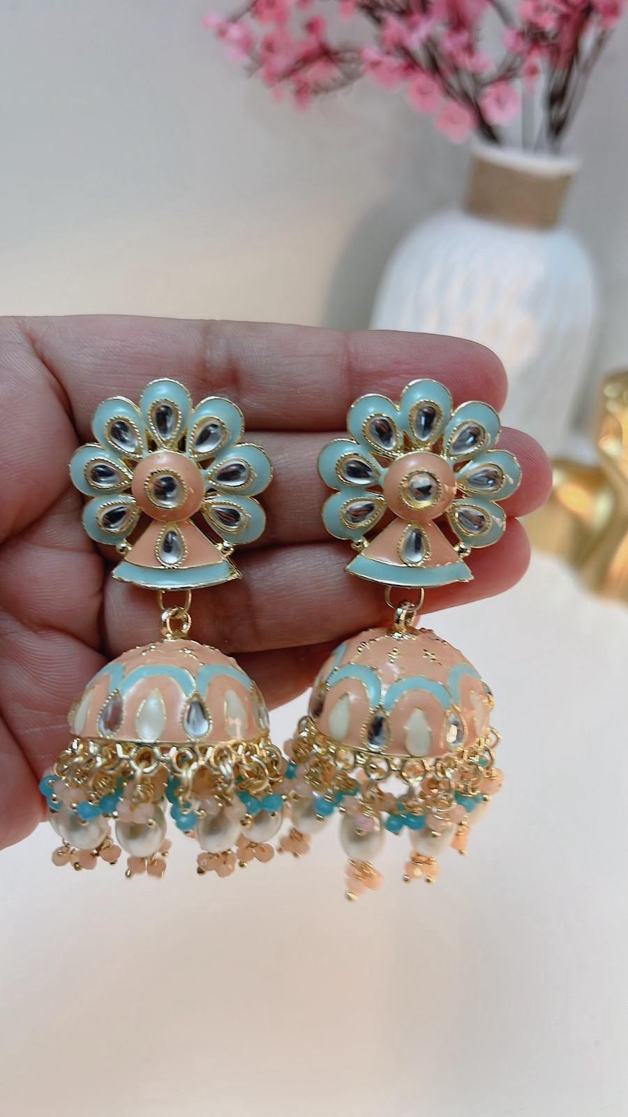Mint Blue Earrings | Peach Earrings | Indian Jewelry | South Asian Jewelry | Party Earrings | Blue Earrings | Partywear Earrings