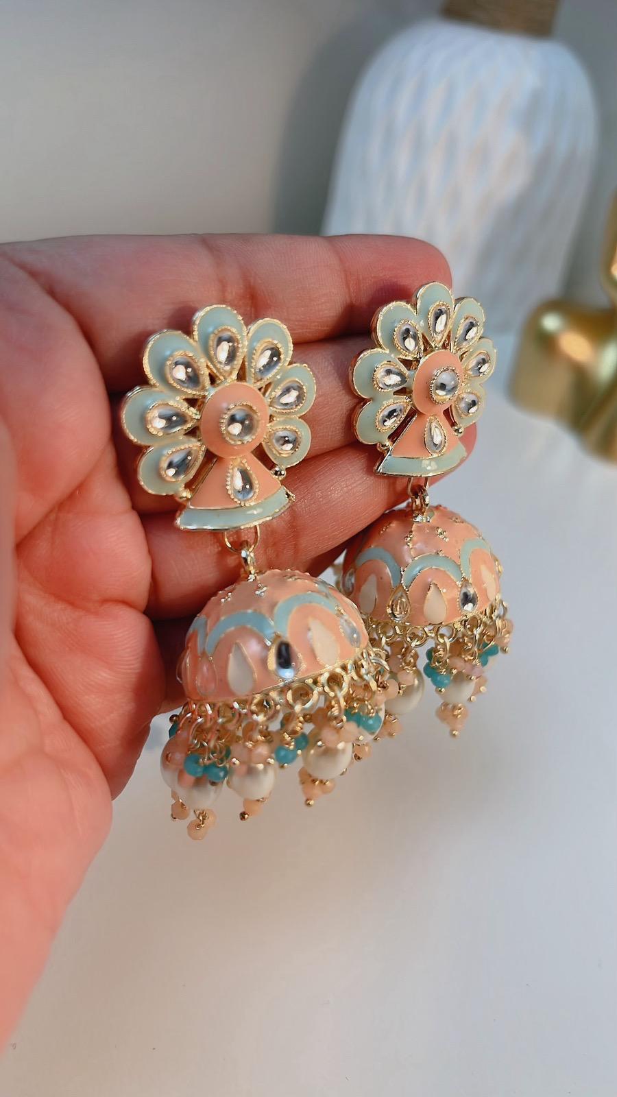 Mint Blue Earrings | Peach Earrings | Indian Jewelry | South Asian Jewelry | Party Earrings | Blue Earrings | Partywear Earrings
